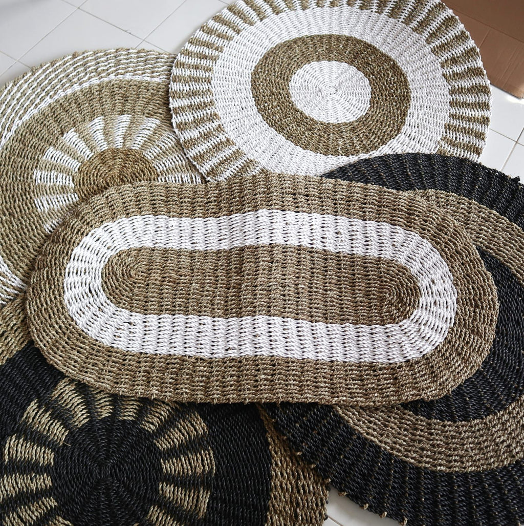 Oval Seagrass Rug 60x120cm – White & Tan Classic Design – Handmade Natural Jute Area Rug