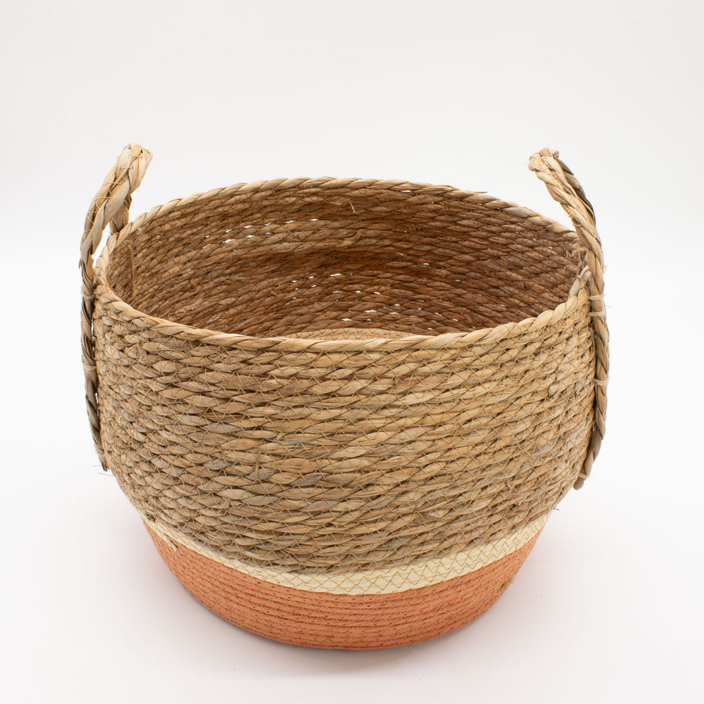 Set of 3 Round Large Straw & Seagrass Baskets – Natural & Orange – Woven Storage Baskets (18-36cm)