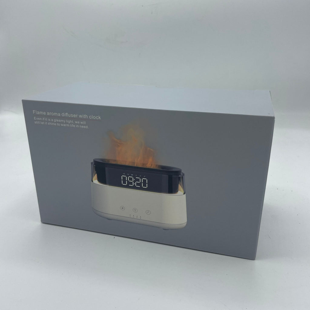 Modern Aroma Diffuser with LED Clock – USB-C Flame Effect Humidifier (19x11cm)