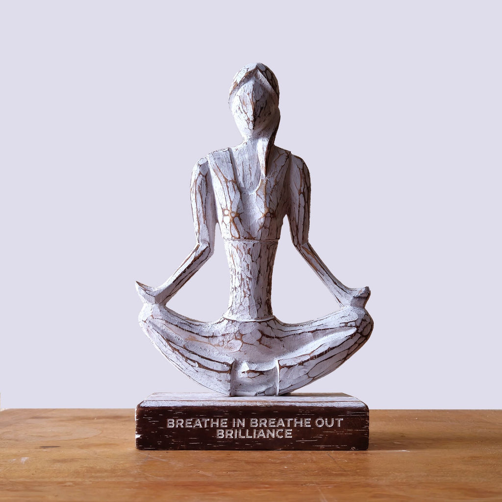 Handcarved Albasia Wood Yoga Lady Figurine 15cm - Easy Pose - Breathe in Breathe out Brilliance