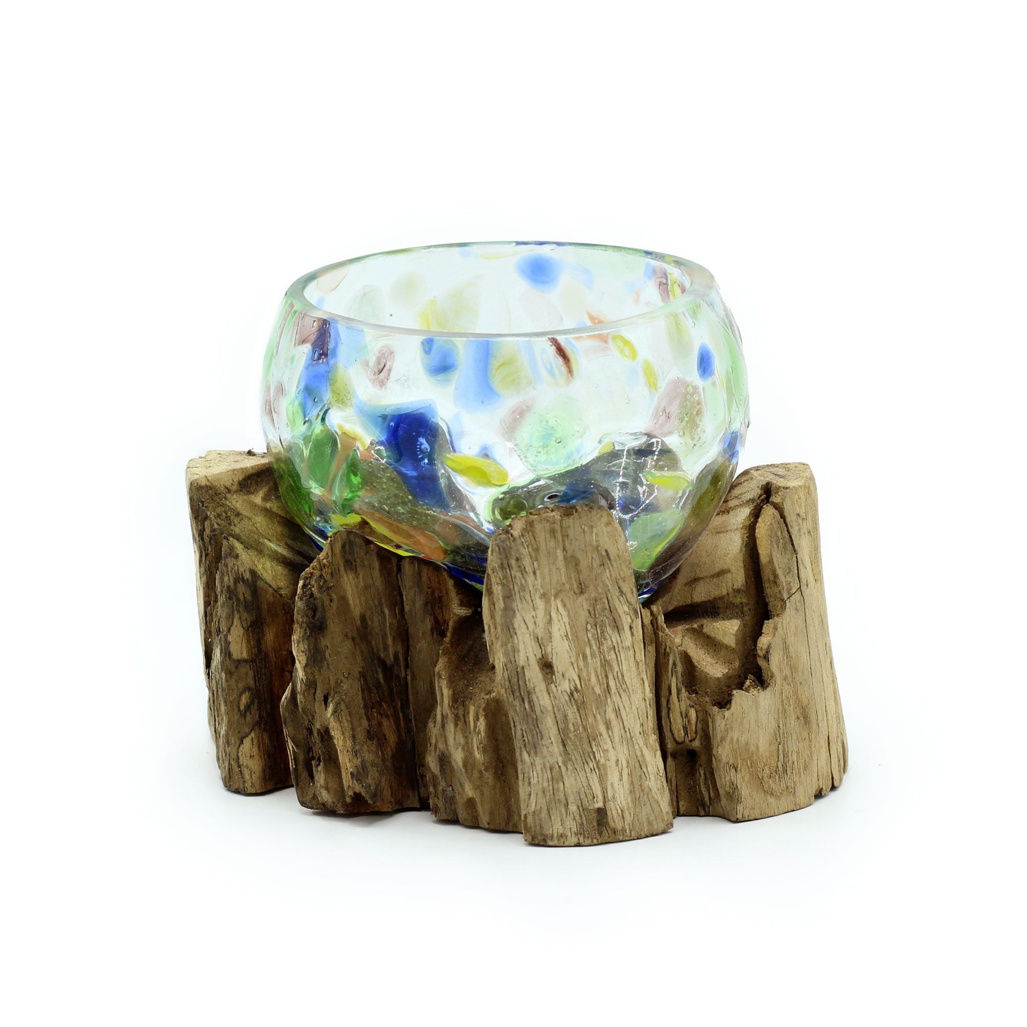 Handmade Molten Glass Bowl on Natural Wood – Unique Home Decor UK