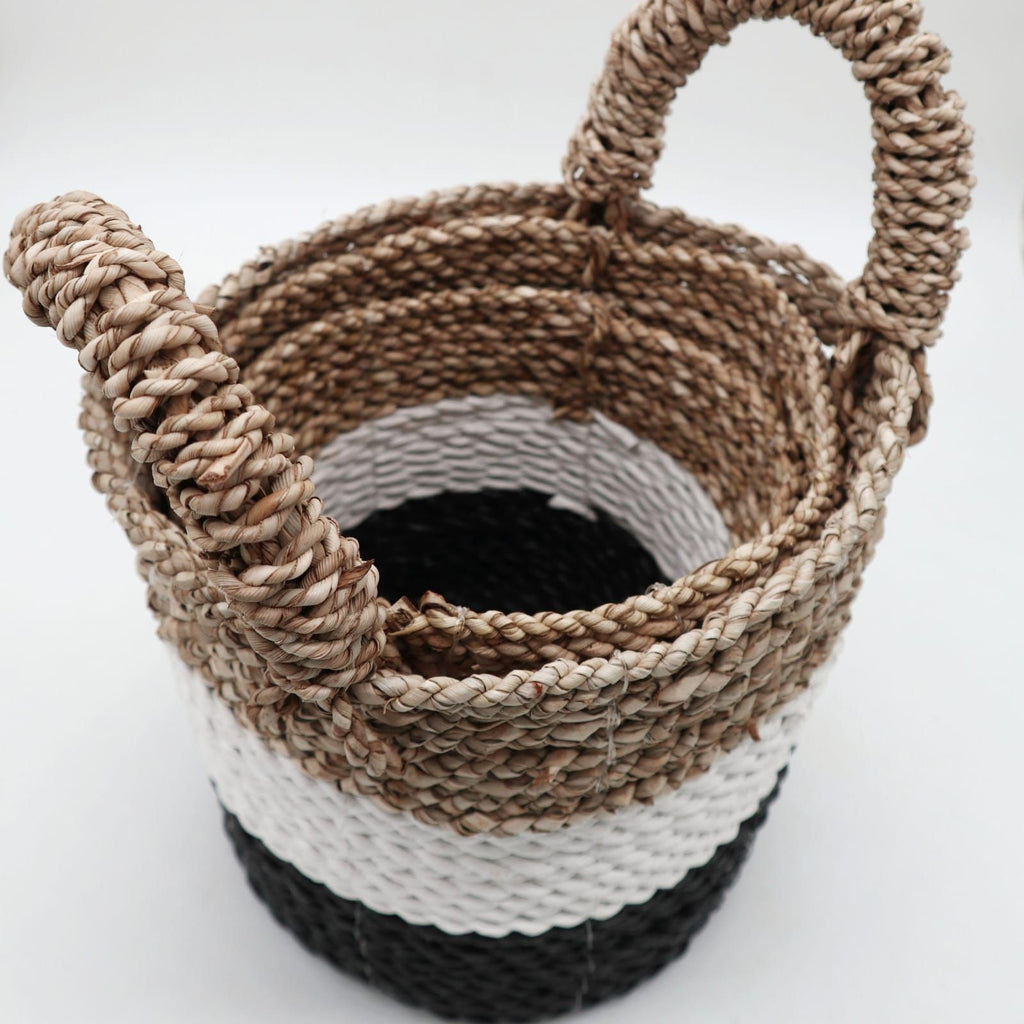 Set of 3 Round Seagrass Baskets – Dark Grey, White & Natural – Woven Storage Baskets
