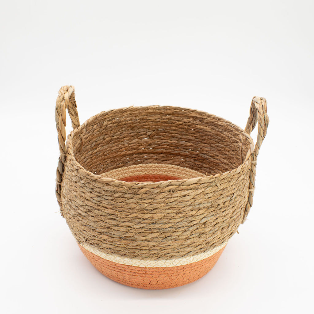 Set of 3 Round Large Straw & Seagrass Baskets – Natural & Orange – Woven Storage Baskets (18-36cm)