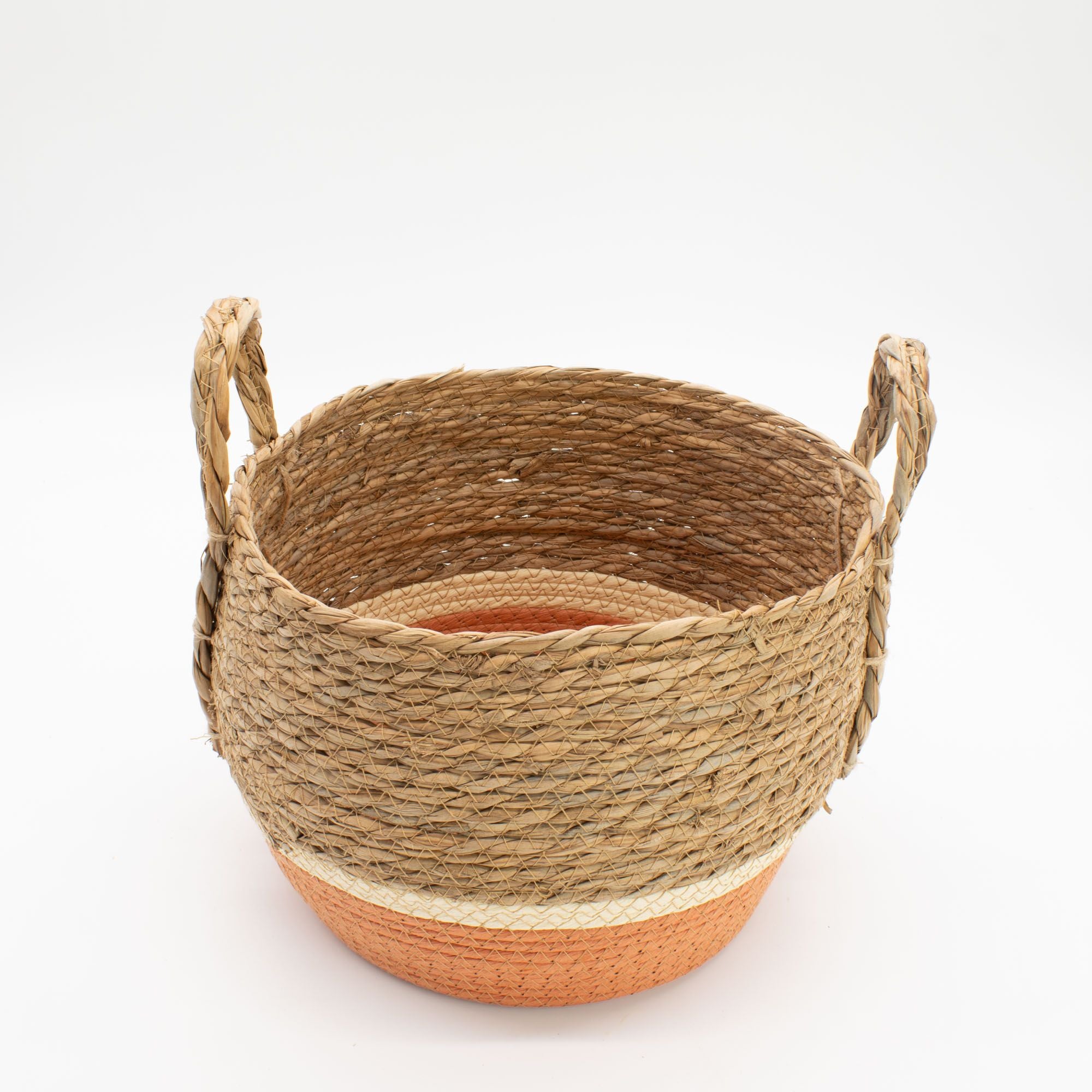 Set of 3 Round Large Straw & Seagrass Baskets – Natural & Orange – Woven Storage Baskets (18-36cm)