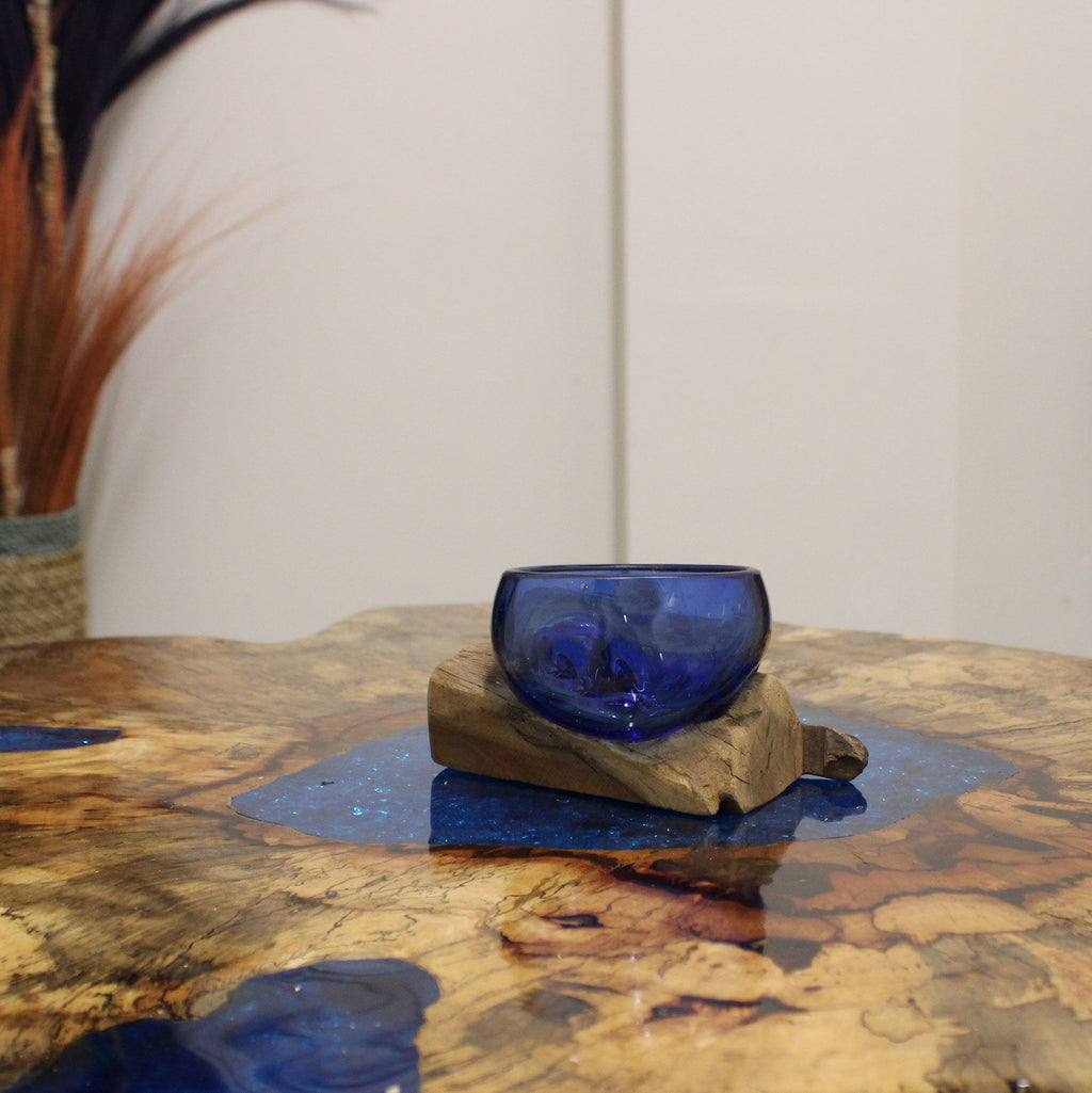 Handmade Molten Glass Bowl on Natural Wood – Unique Home Decor UK