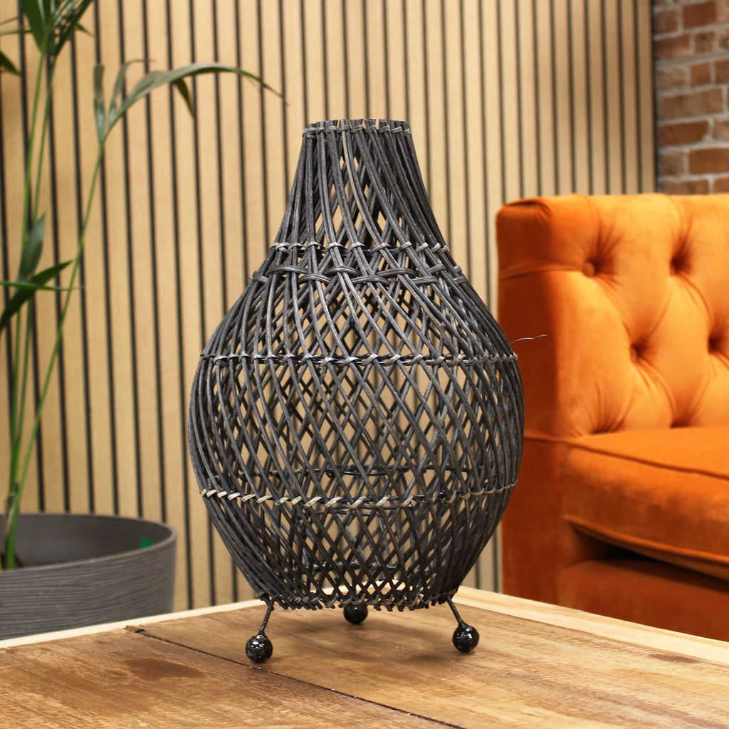 Black Rattan Table Lamp – Woven Boho Desk Light (H: 39cm, L: 24cm)
