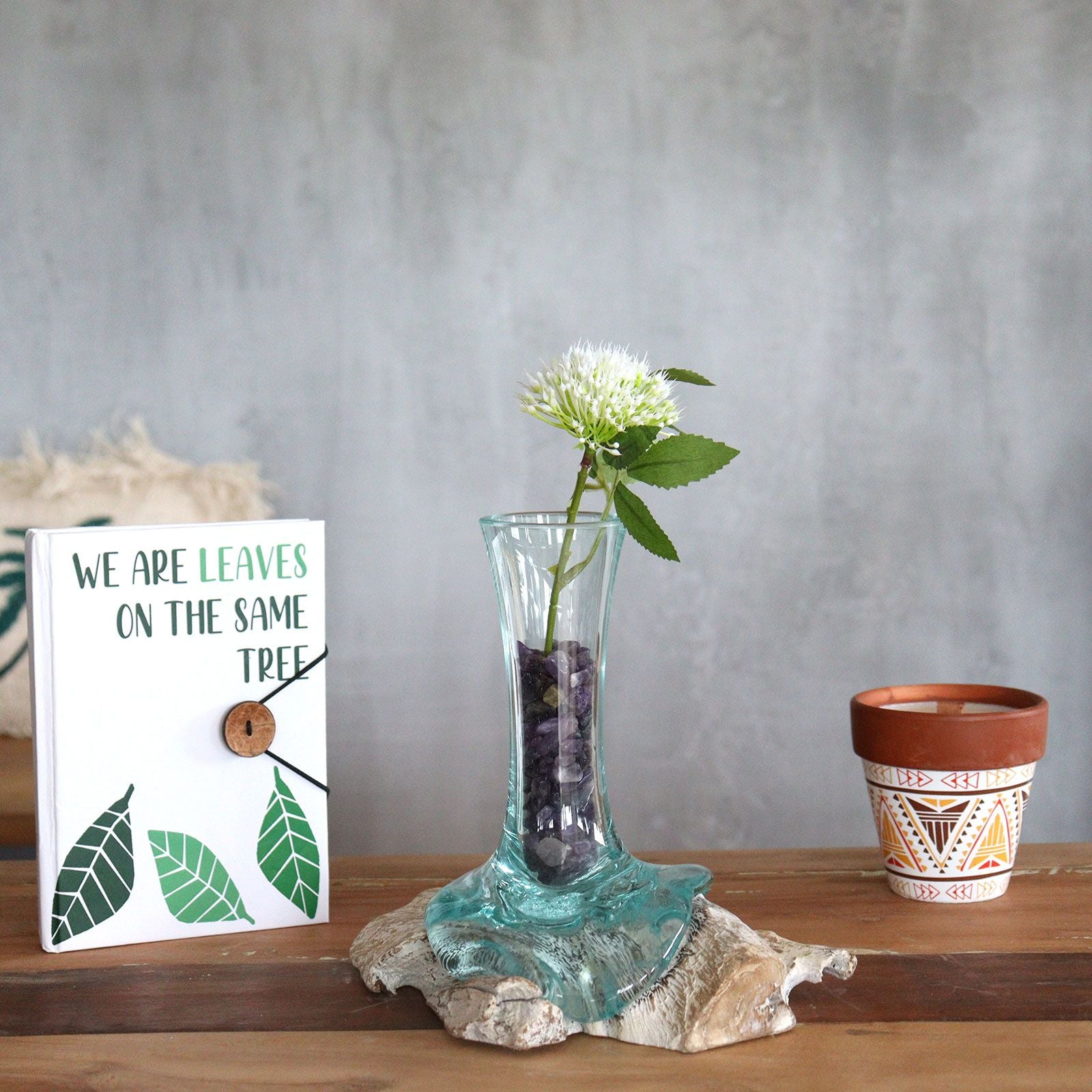 Handmade Molten Glass Vase on Natural Wood – Unique Home Decor UK