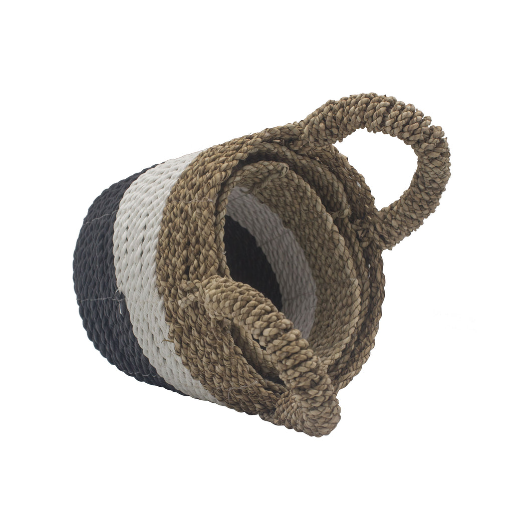 Set of 3 Round Seagrass Baskets – Orange, Natural & White – Woven Storage Baskets