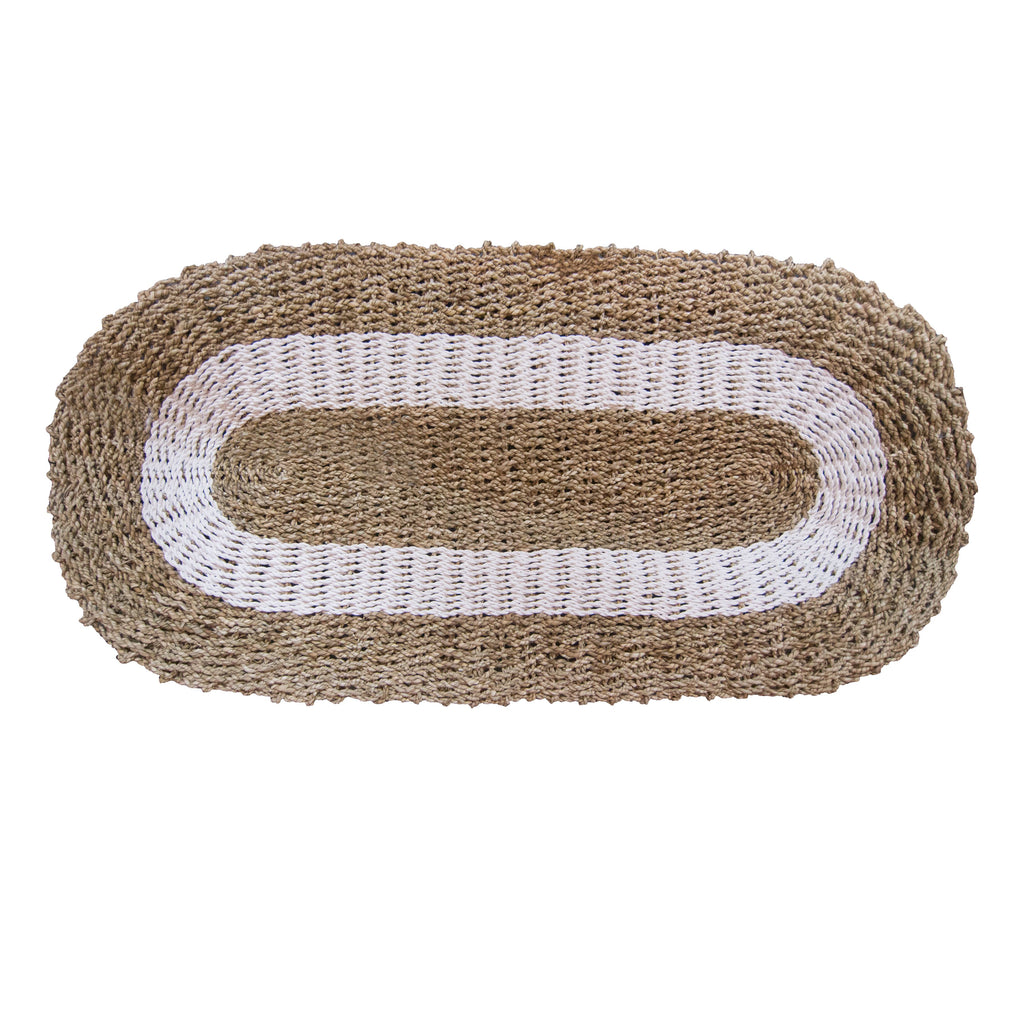 Oval Seagrass Rug 60x120cm – White & Tan Classic Design – Handmade Natural Jute Area Rug