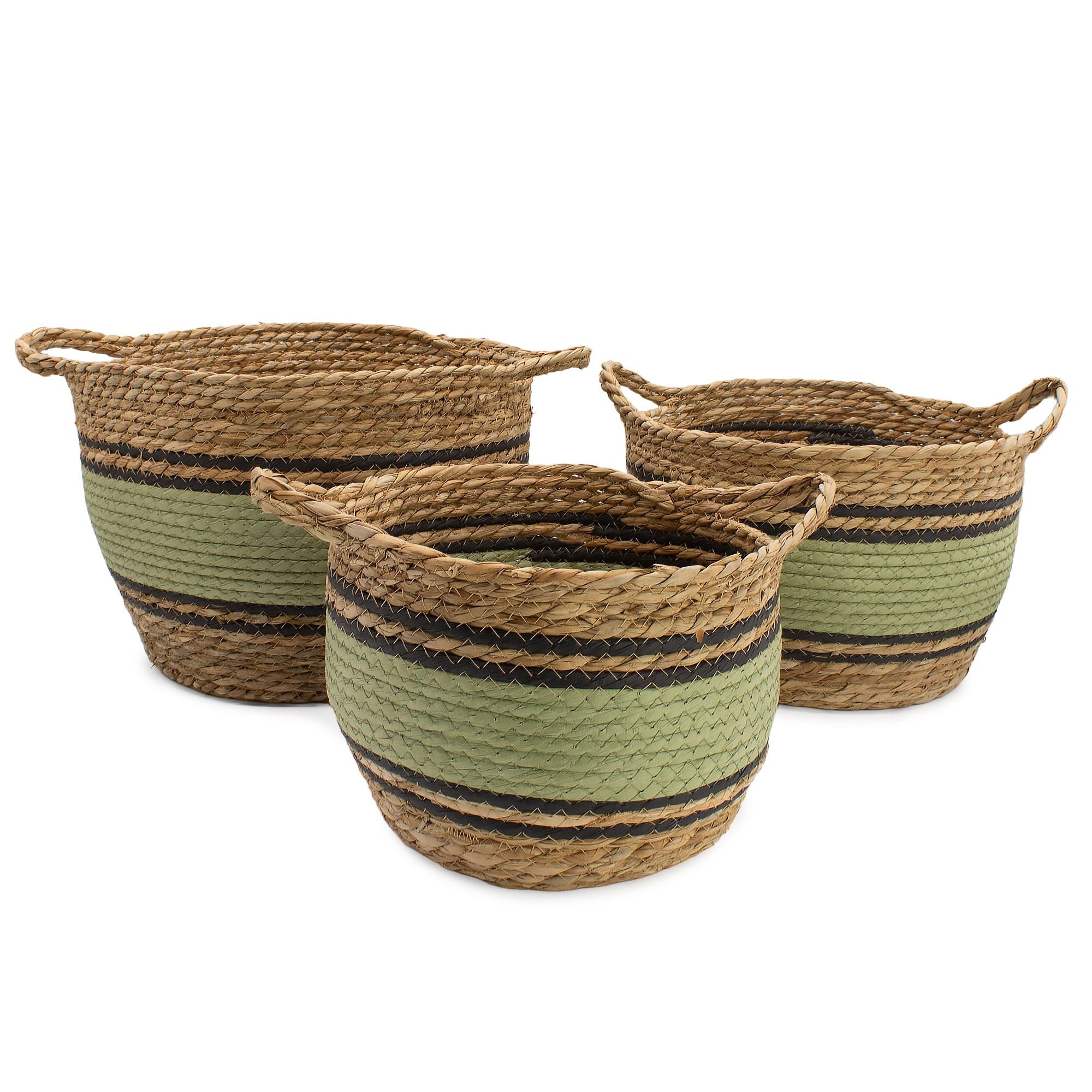 Set of 3 Large Cotton & Seagrass Baskets – Natural, Black & Green – Woven Storage Baskets (26-36cm)