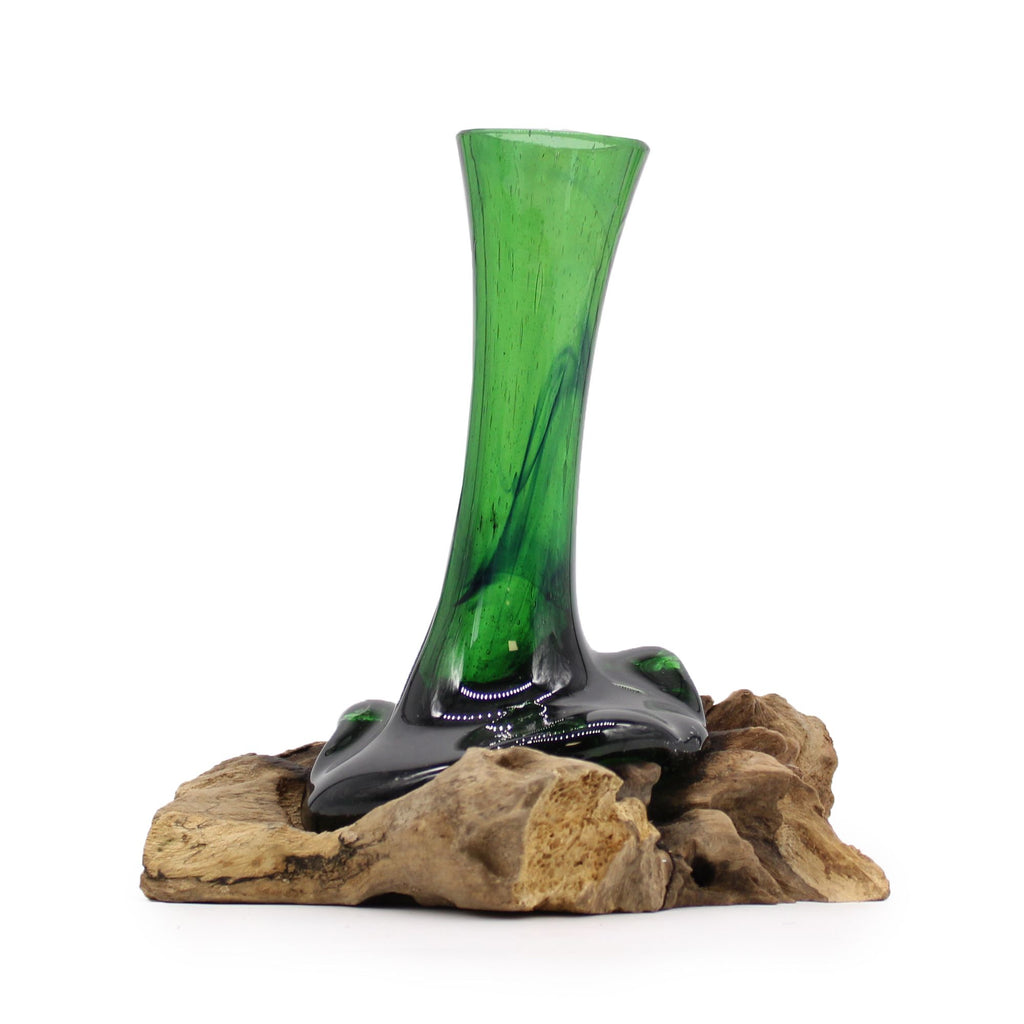 Handmade Recycled Beer Bottle Glass Vase on Wood – Eco-Friendly Home Décor UK