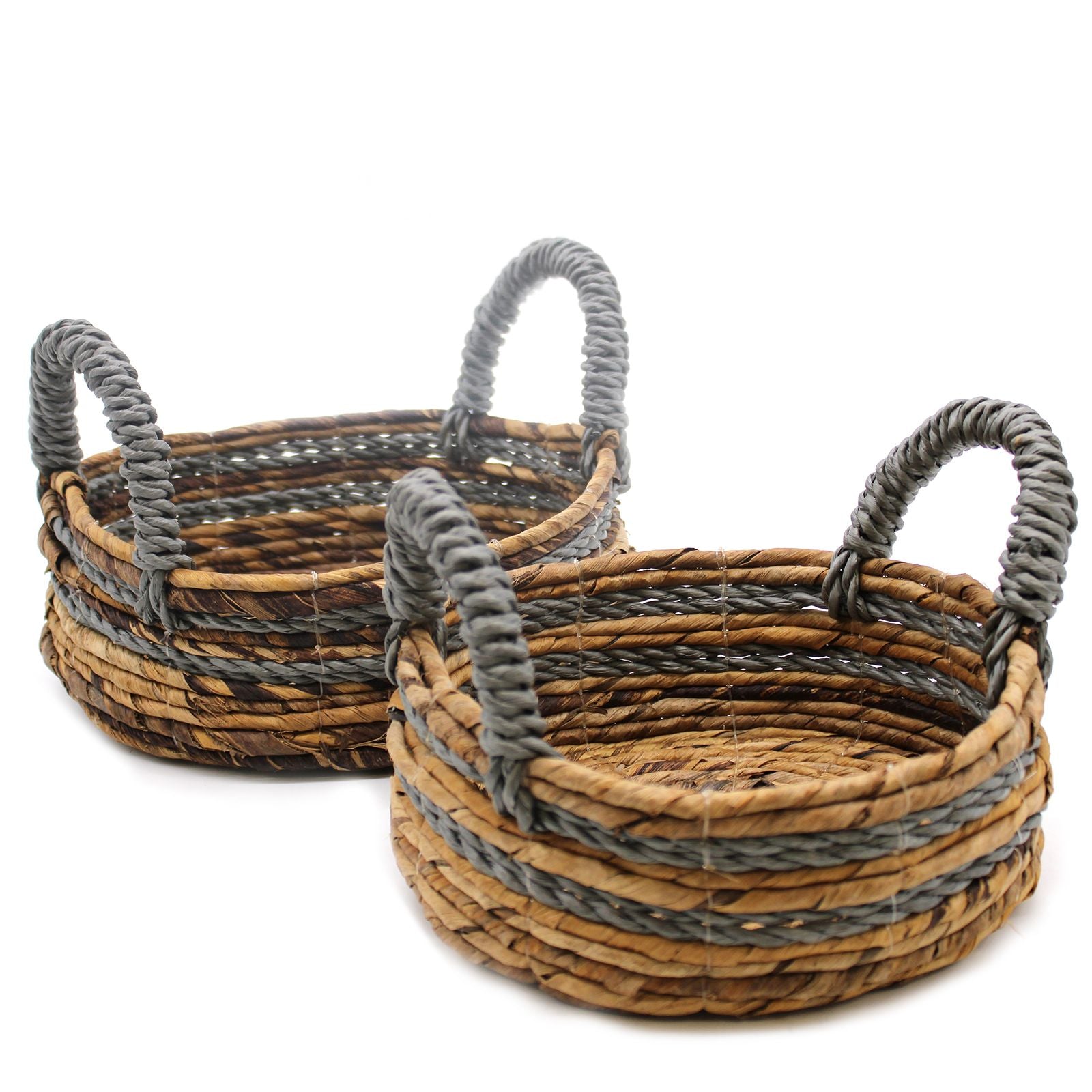 Set of 2 Round Banana Leaf & Grey Raffia Baskets – Natural Woven Storage Baskets