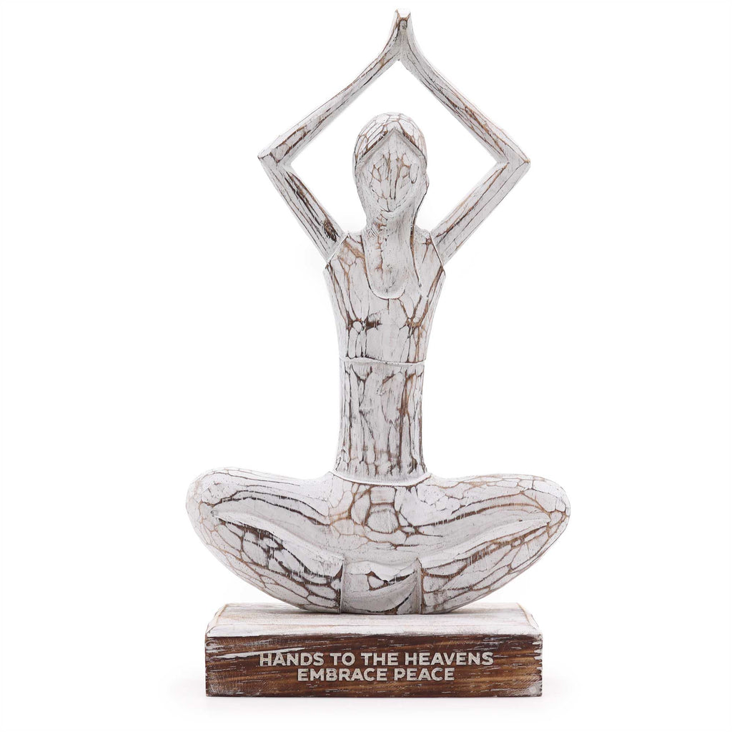 Handcarved Albasia Wood Yoga Lady Figurine 15cm - Hands Up Pose - Hands to the Heavens Embrace Peace