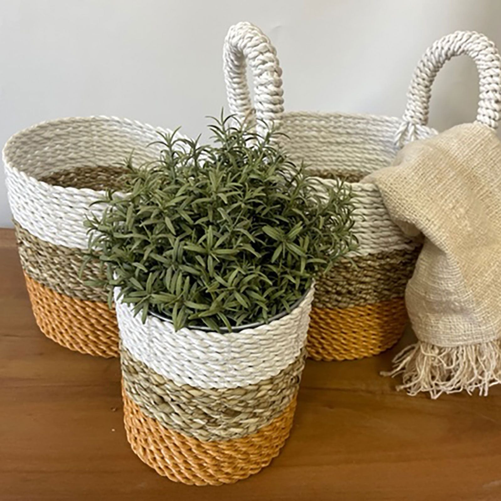 Set of 3 Round Seagrass Baskets – Orange, Natural & White – Woven Storage Baskets