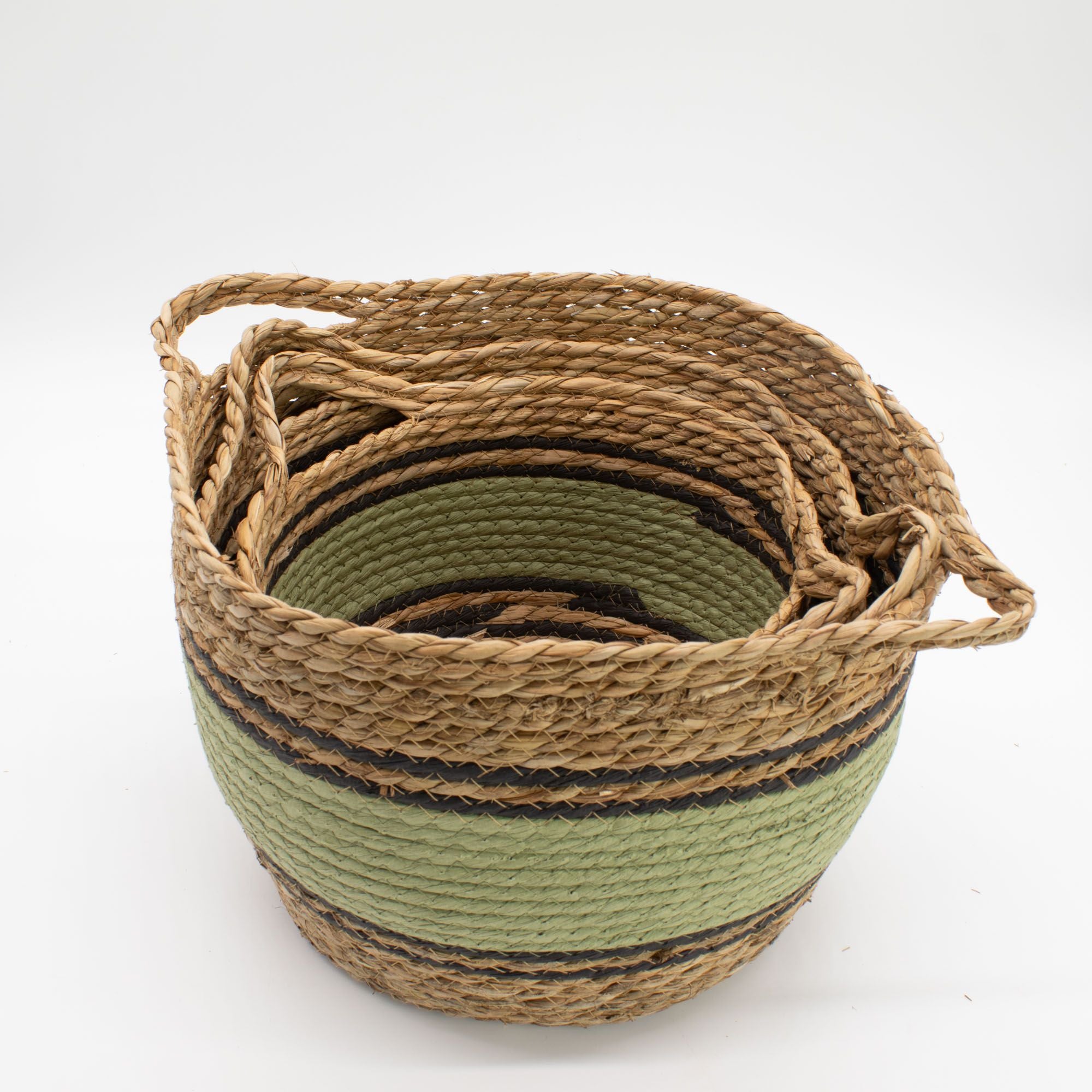 Set of 3 Large Cotton & Seagrass Baskets – Natural, Black & Green – Woven Storage Baskets (26-36cm)