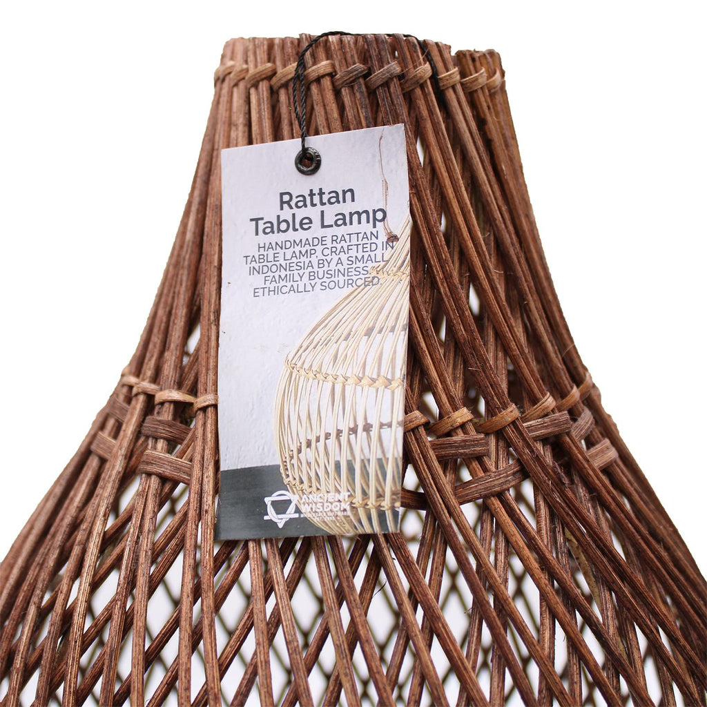 Dark Brown Rattan Table Lamp – Woven Boho Desk Light (H: 39cm, L: 24cm)