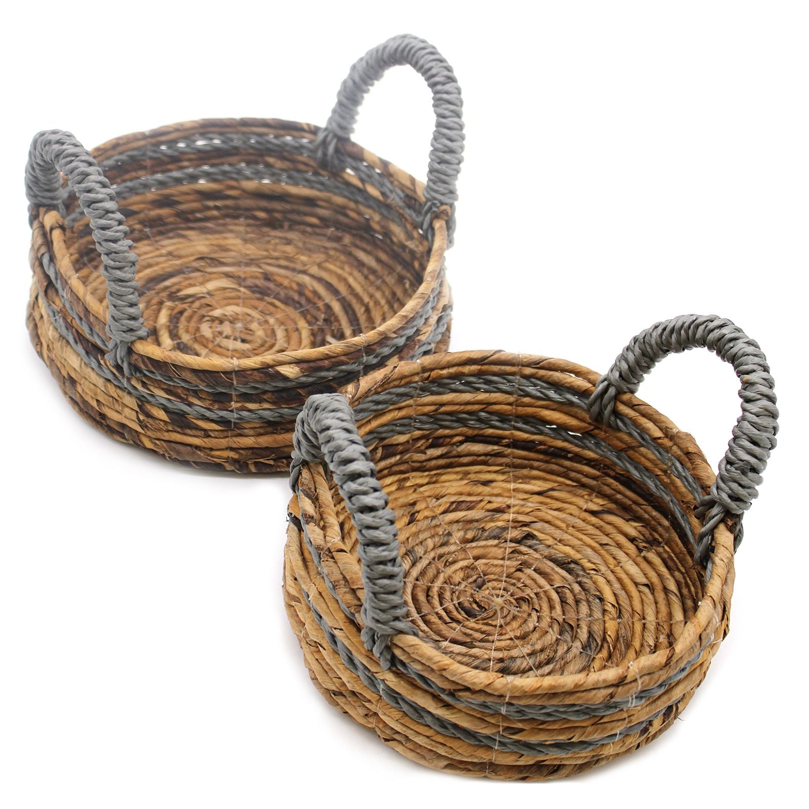 Set of 2 Round Banana Leaf & Grey Raffia Baskets – Natural Woven Storage Baskets