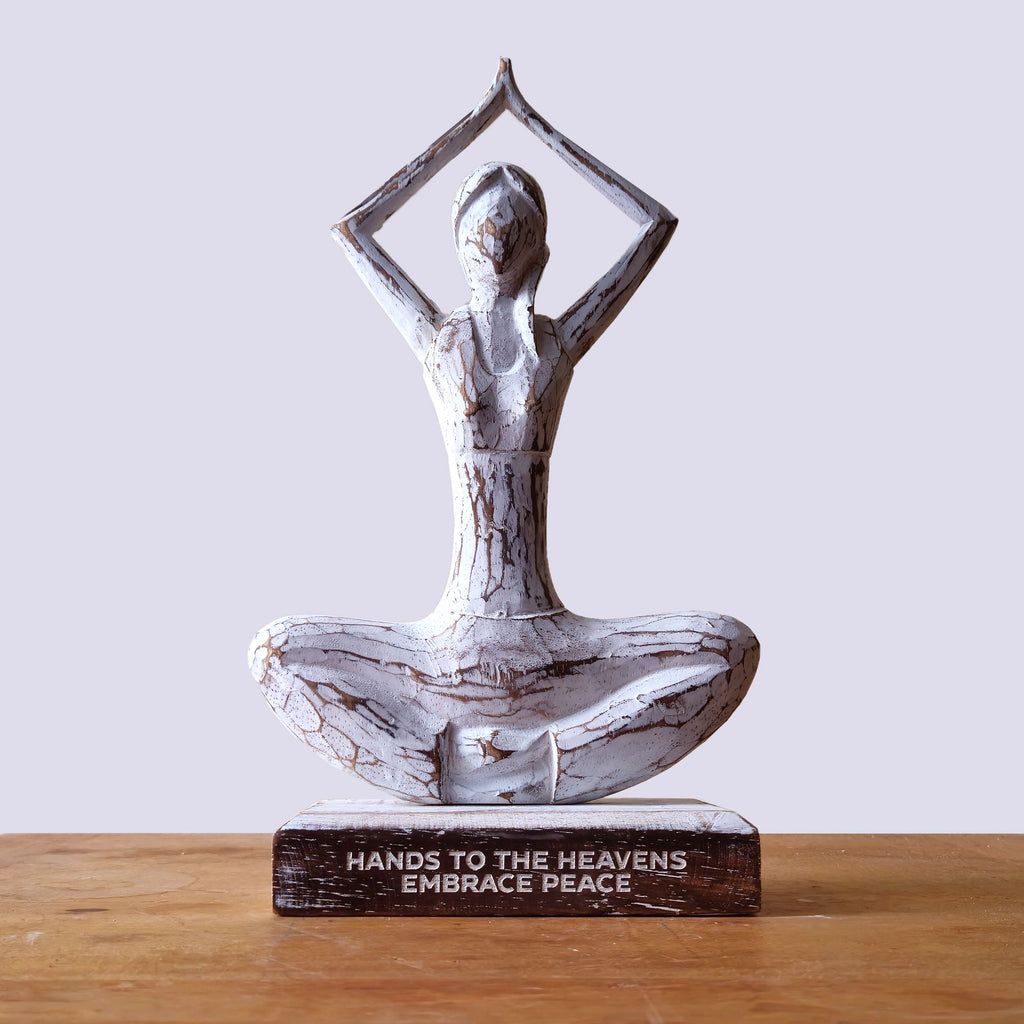 Handcarved Albasia Wood Yoga Lady Figurine 15cm - Hands Up Pose - Hands to the Heavens Embrace Peace