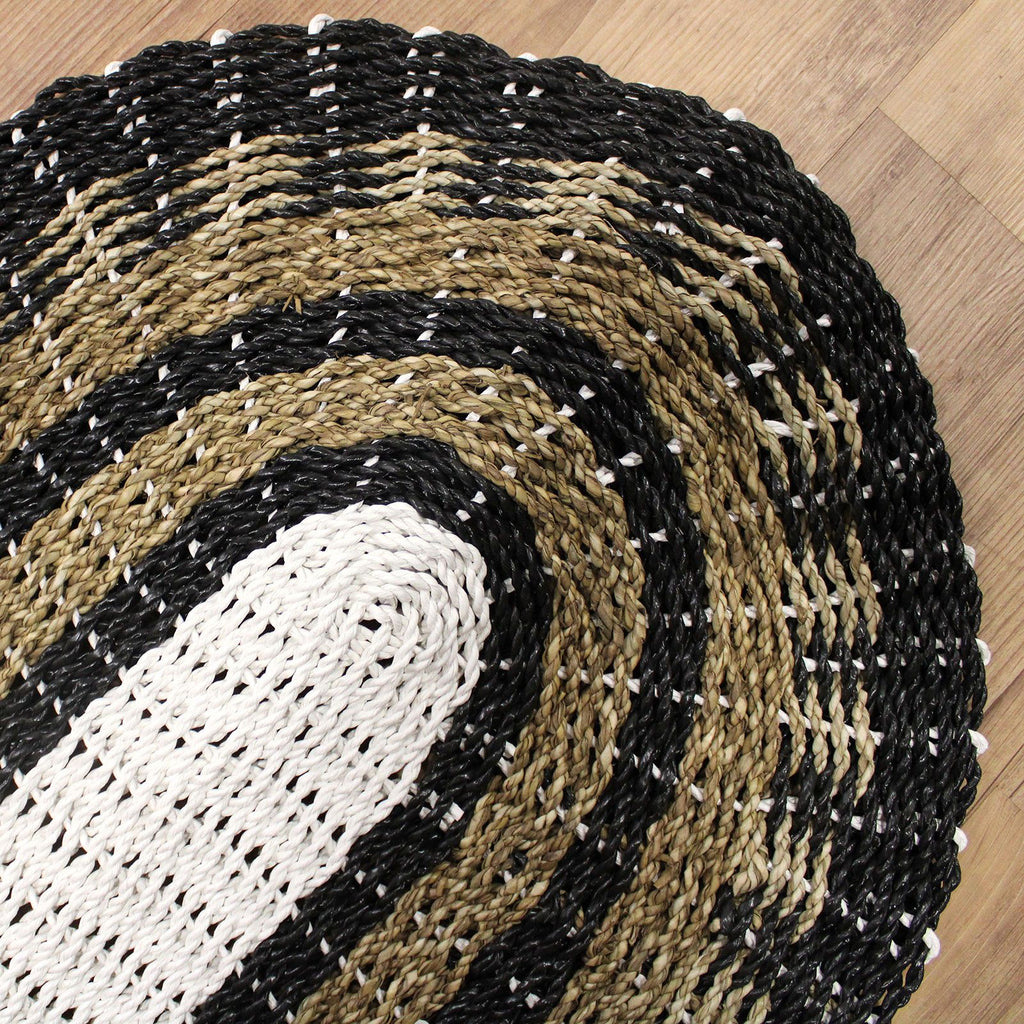 Oval Seagrass Rug 60x120cm – Black, White & Tan Classic Design – Handmade Natural Jute Area Rug