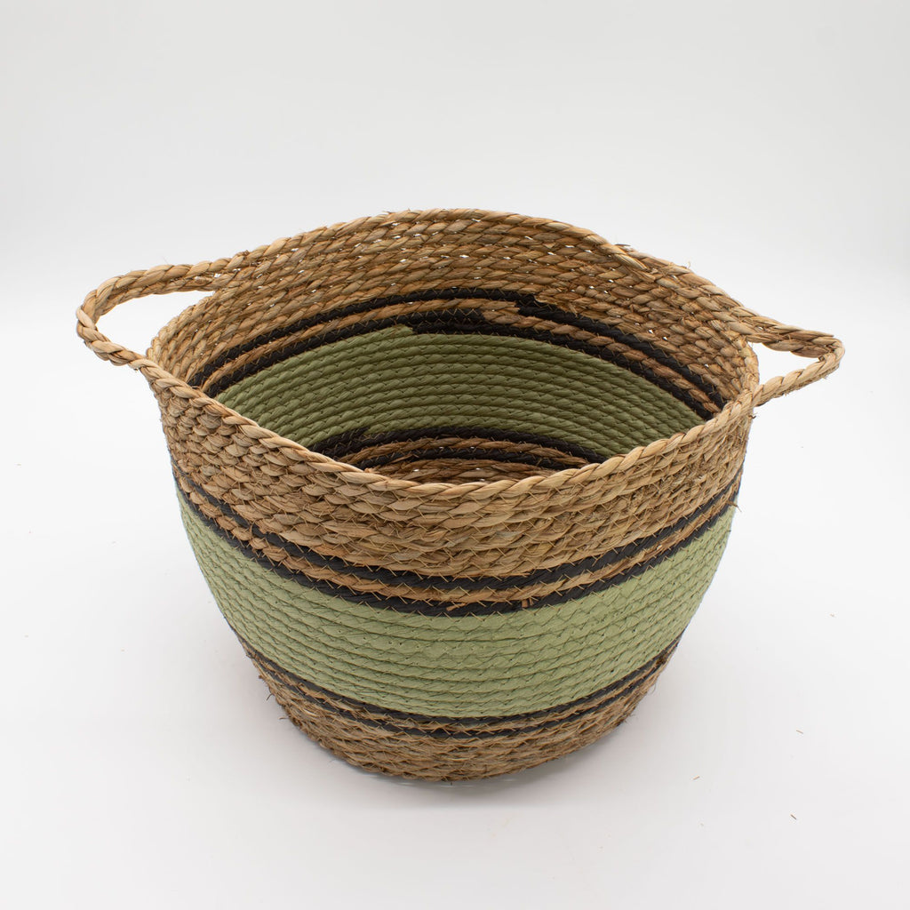 Set of 3 Large Cotton & Seagrass Baskets – Natural, Black & Green – Woven Storage Baskets (26-36cm)