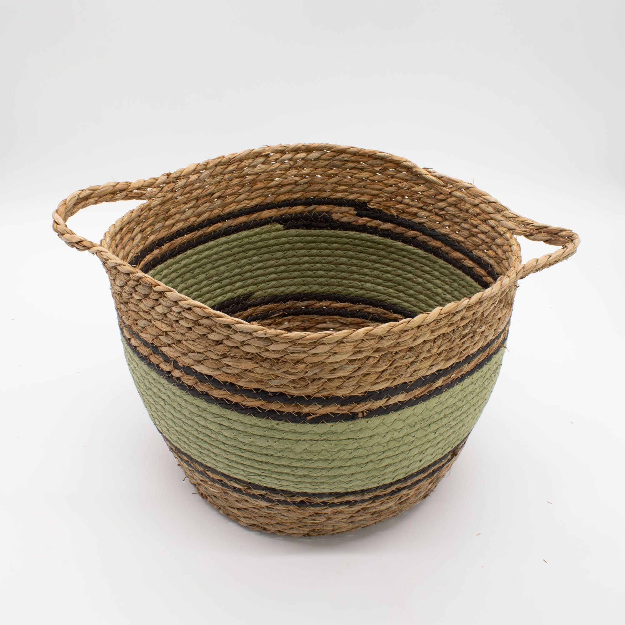 Set of 3 Large Cotton & Seagrass Baskets – Natural, Black & Green – Woven Storage Baskets (26-36cm)