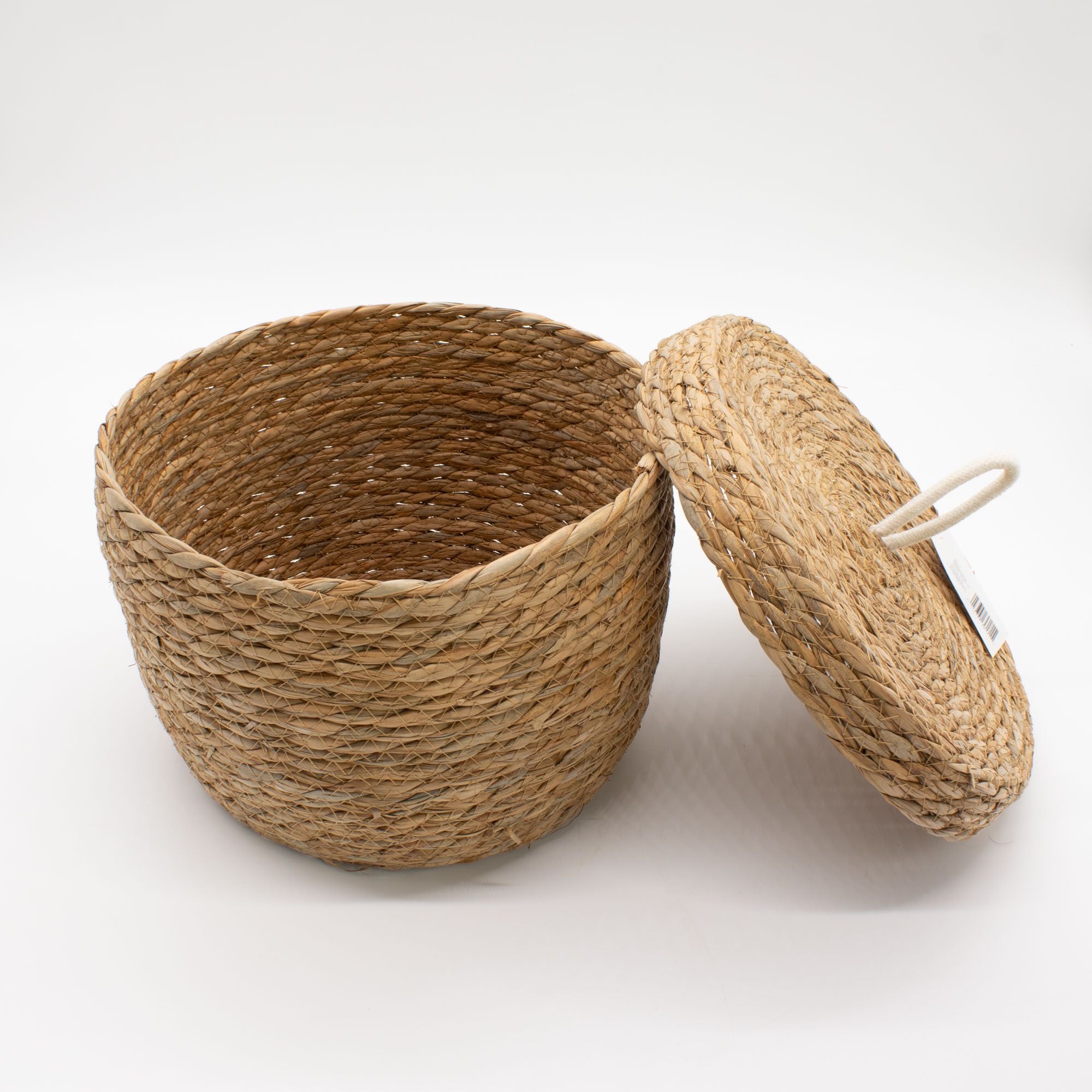 Set of 3 Round Seagrass & Cotton Baskets with Lids – Natural Woven Storage Baskets (21-29cm)