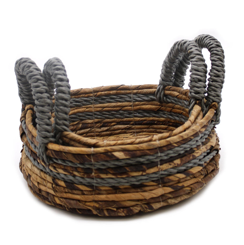 Set of 2 Round Banana Leaf & Grey Raffia Baskets – Natural Woven Storage Baskets