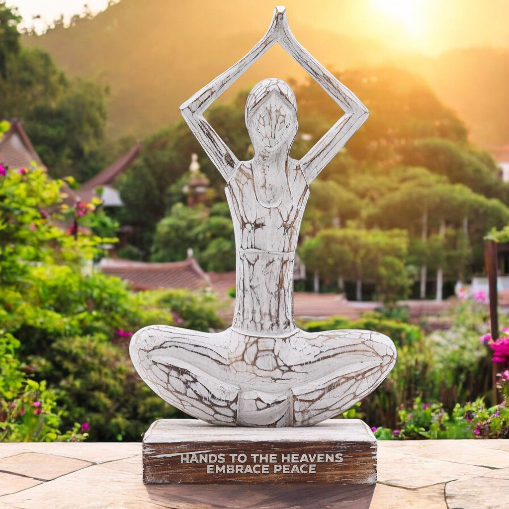 Handcarved Albasia Wood Yoga Lady Figurine 15cm - Hands Up Pose - Hands to the Heavens Embrace Peace