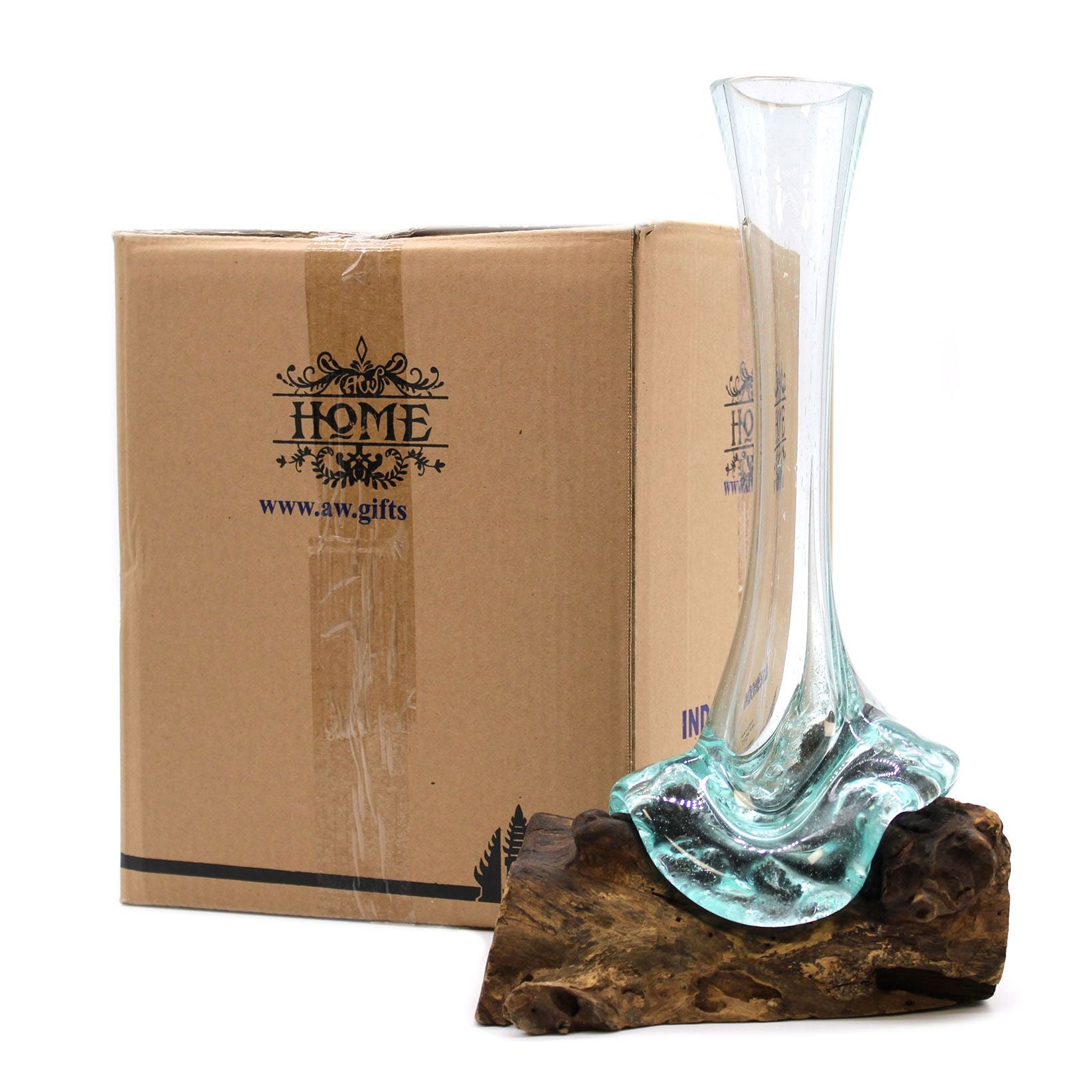 Handmade Molten Glass Vase on Natural Wood – Unique Home Decor UK