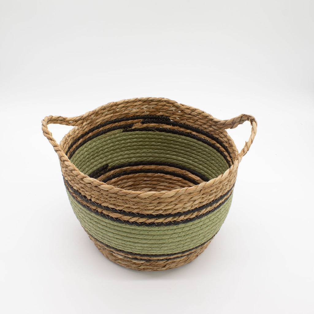 Set of 3 Large Cotton & Seagrass Baskets – Natural, Black & Green – Woven Storage Baskets (26-36cm)