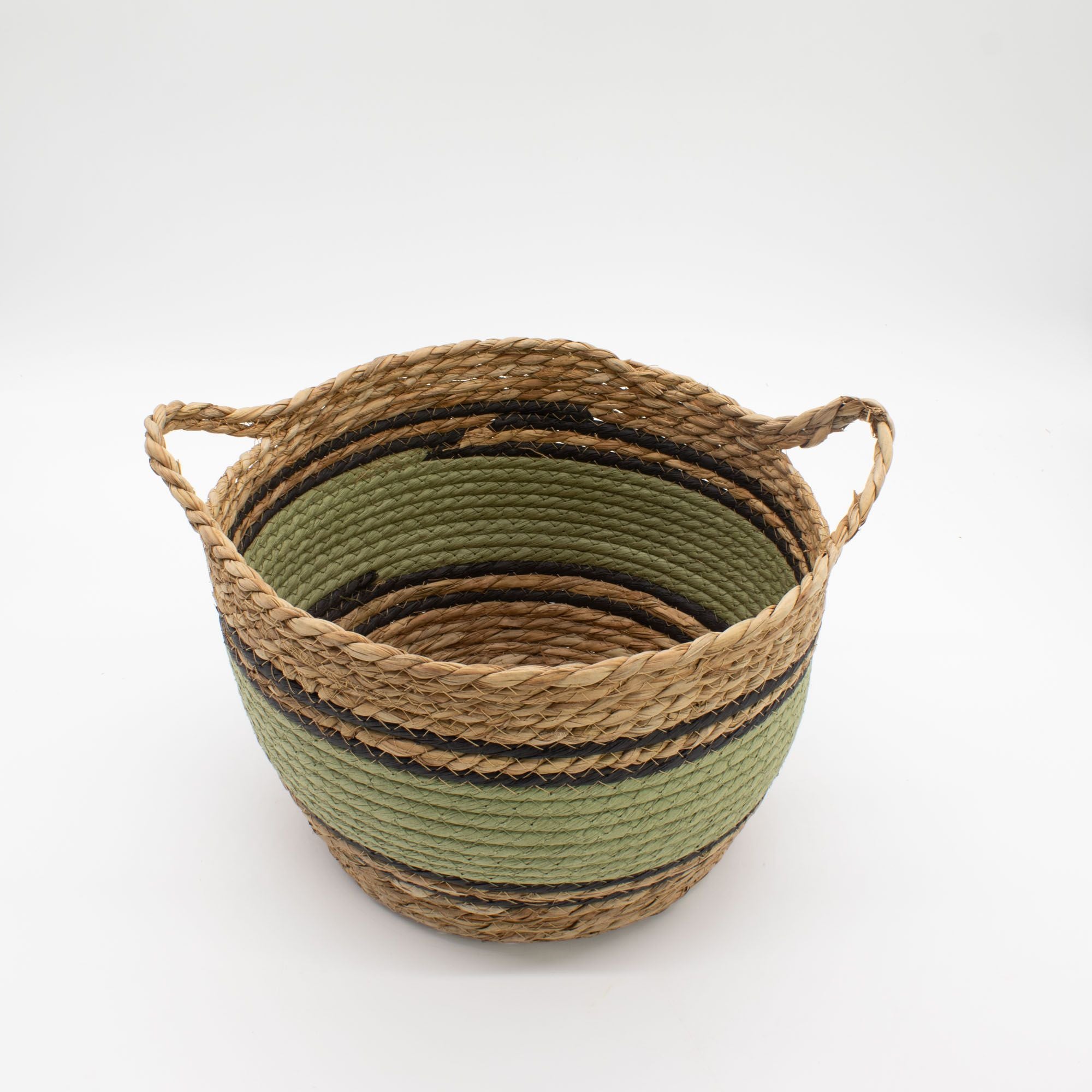 Set of 3 Large Cotton & Seagrass Baskets – Natural, Black & Green – Woven Storage Baskets (26-36cm)
