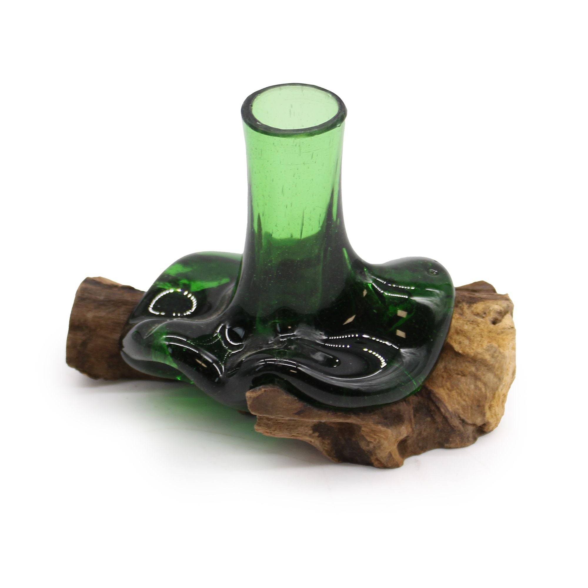 Handmade Recycled Beer Bottle Glass Vase on Wood – Eco-Friendly Home Décor UK