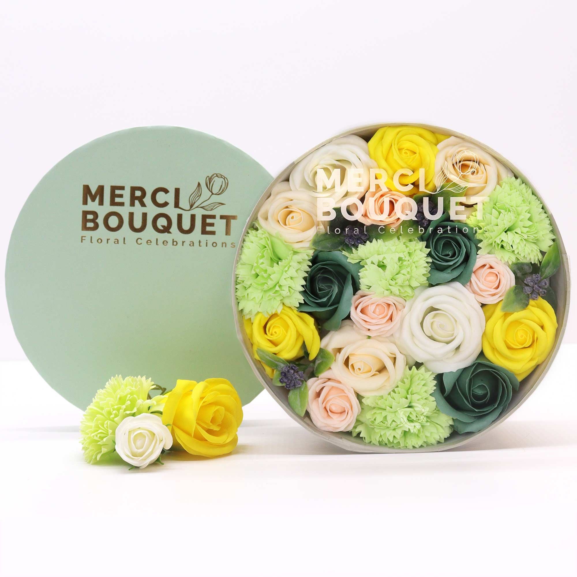 Soap Flower Gift Box (Round Box) - Spring Celibrations - Yellow & Greens