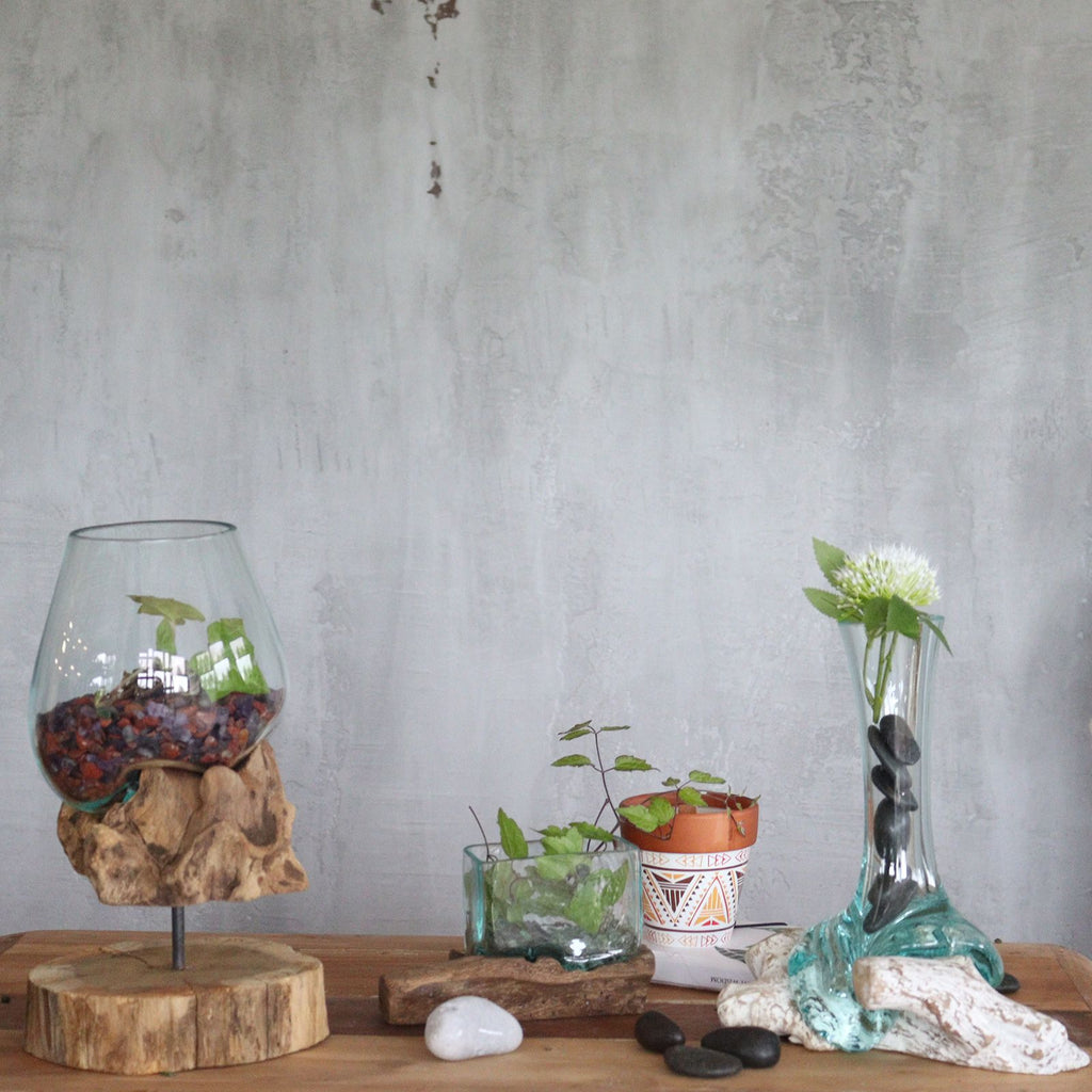 Handmade Molten Glass Vase on Natural Wood – Unique Home Decor UK