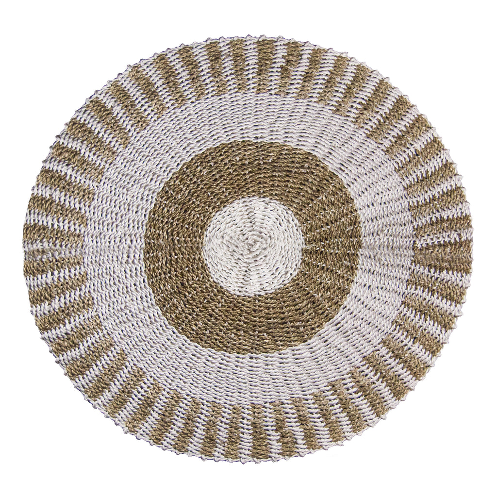 Round Seagrass Rug 100cm – White & Tan Sun Design – Handmade Natural Jute Area Rug