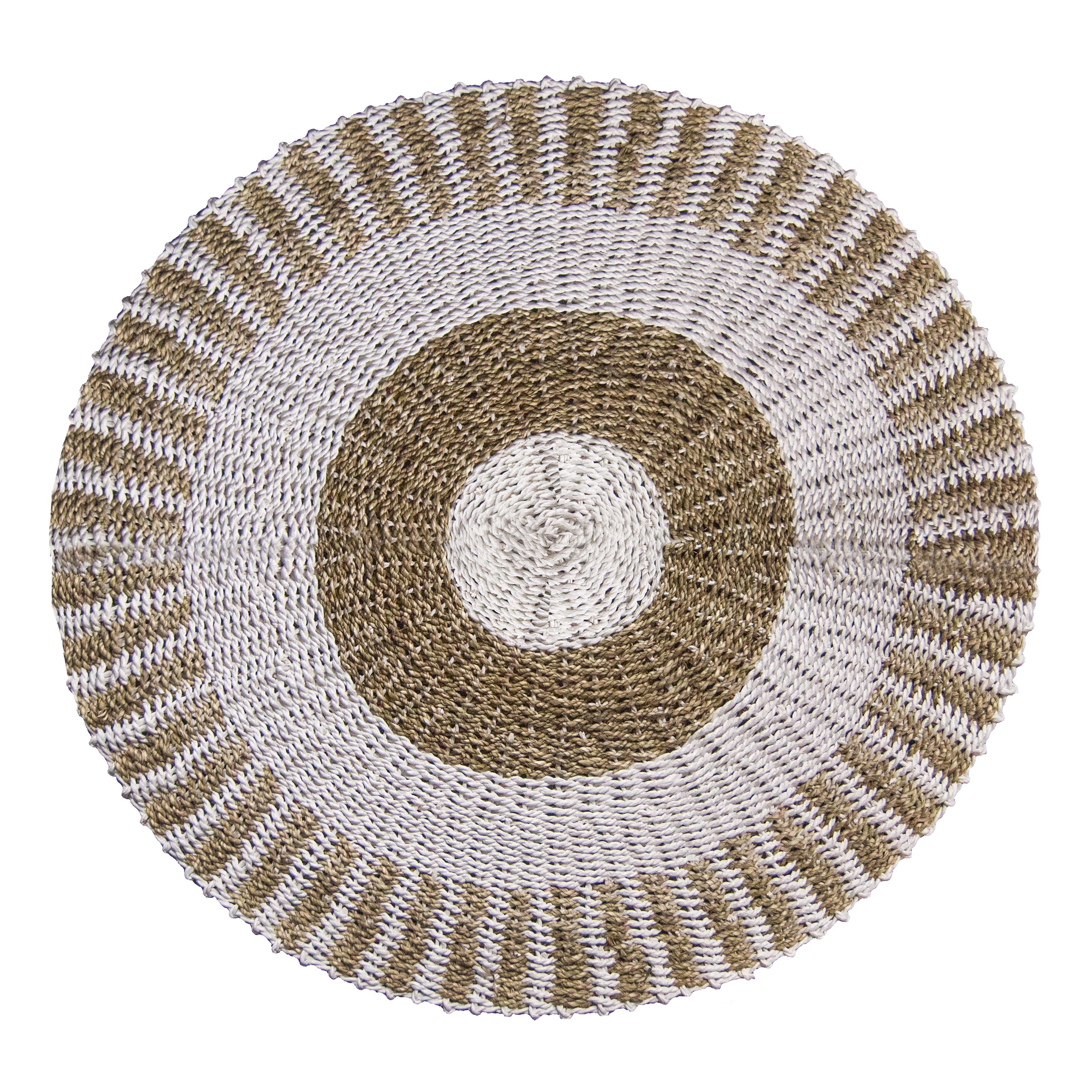 Round Seagrass Rug 100cm – White & Tan Sun Design – Handmade Natural Jute Area Rug
