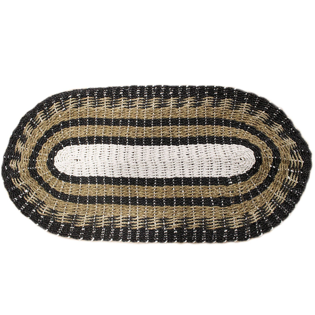 Oval Seagrass Rug 60x120cm – Black, White & Tan Classic Design – Handmade Natural Jute Area Rug