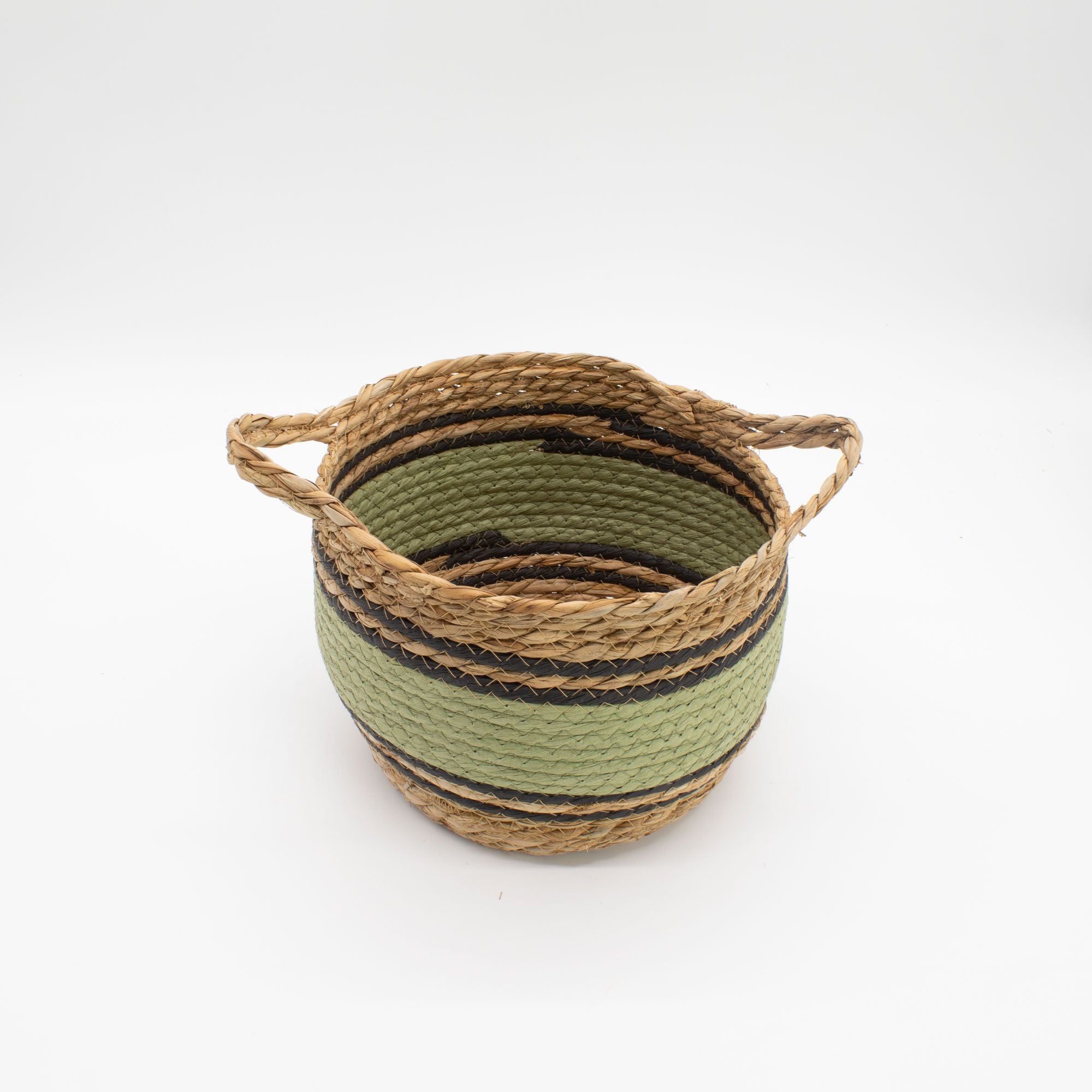 Set of 3 Large Cotton & Seagrass Baskets – Natural, Black & Green – Woven Storage Baskets (26-36cm)