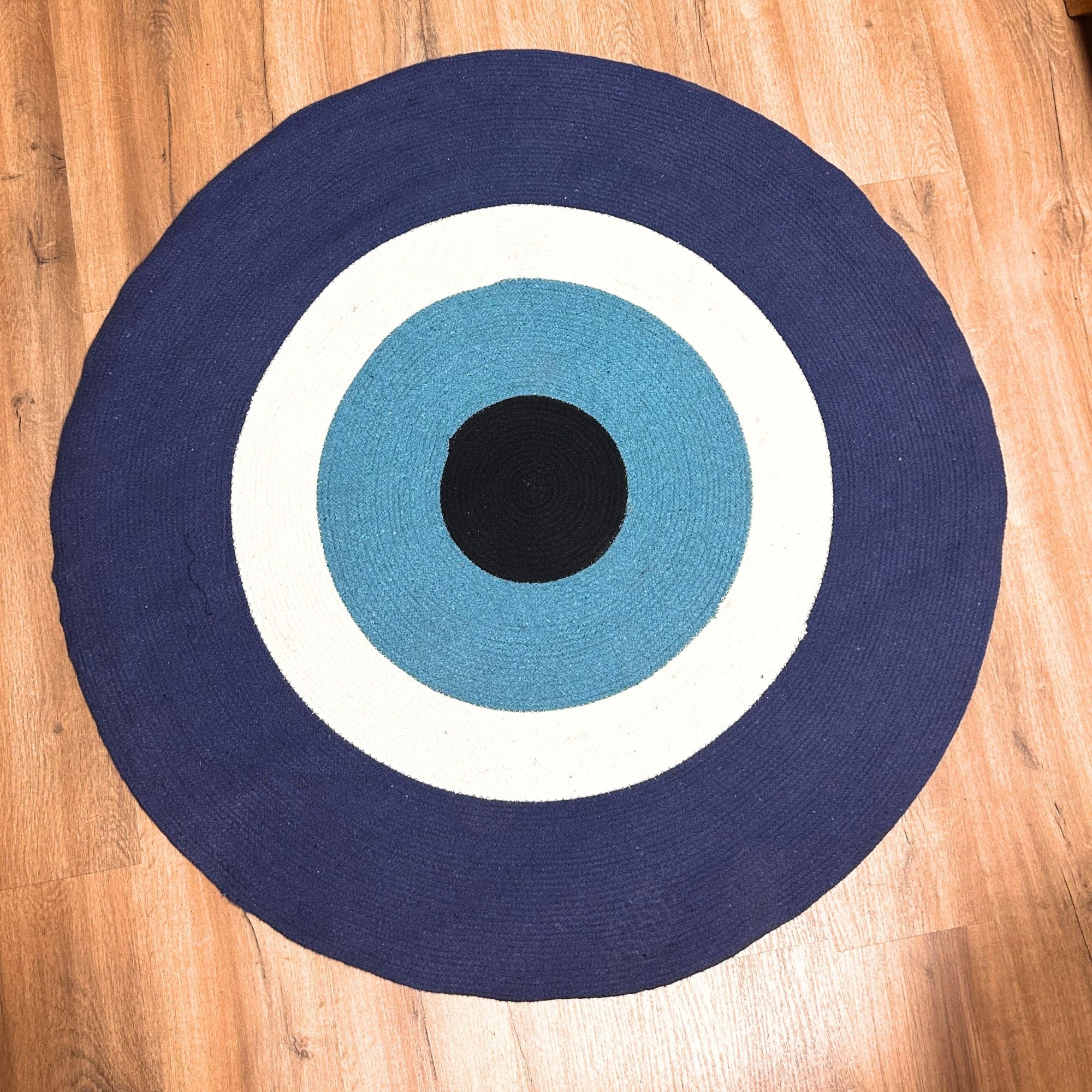 Cotton Rope Evil Eye Rug – Round Woven Boho Floor Mat (120cm, India)