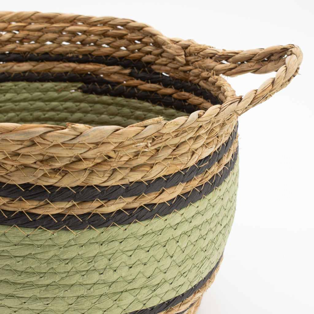 Set of 3 Large Cotton & Seagrass Baskets – Natural, Black & Green – Woven Storage Baskets (26-36cm)