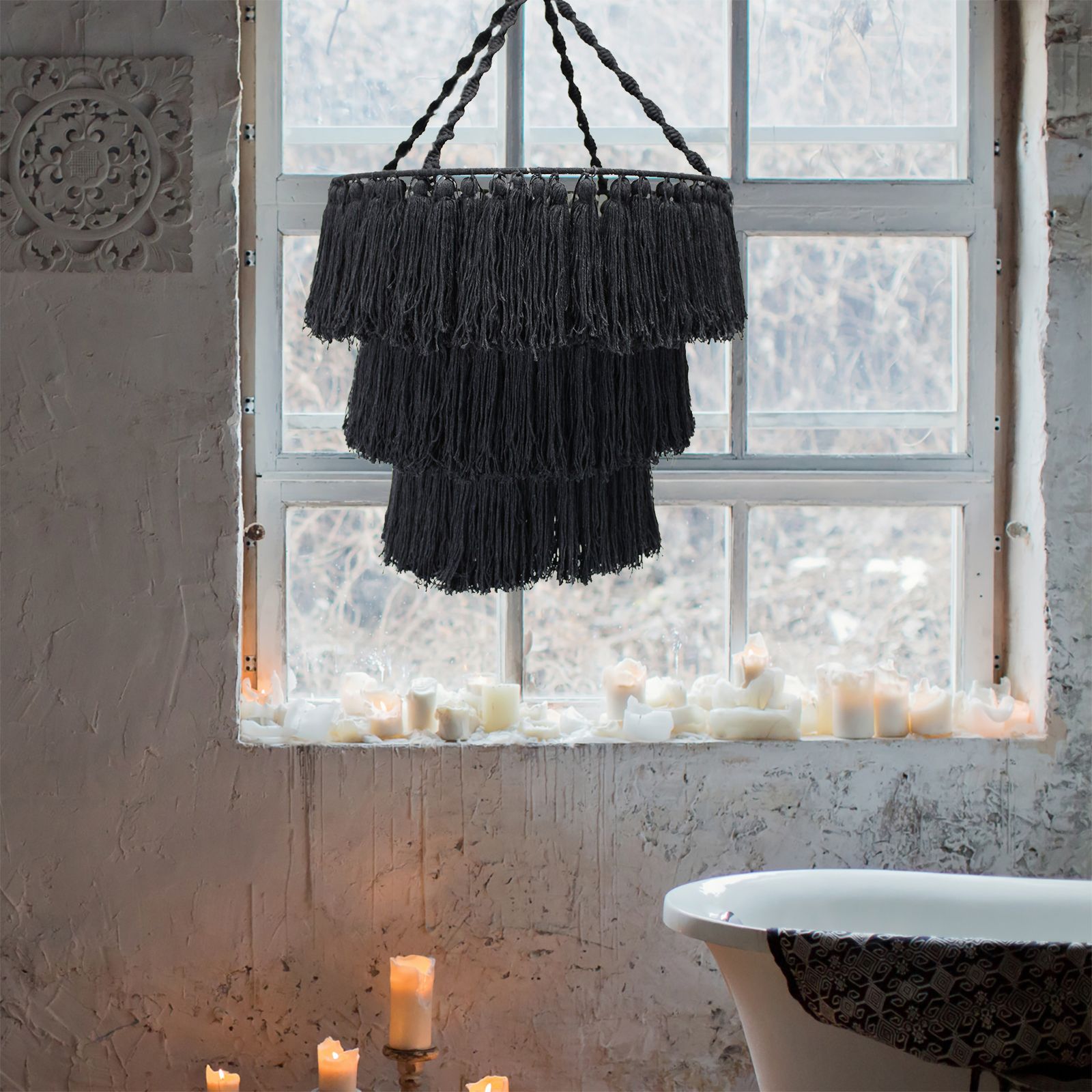 Macrame Soft Chandelier – Black Woven Boho Light Shade (80cm)