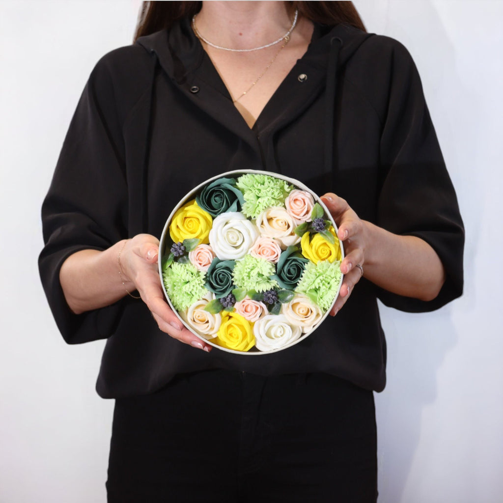 Soap Flower Gift Box (Round Box) - Spring Celibrations - Yellow & Greens
