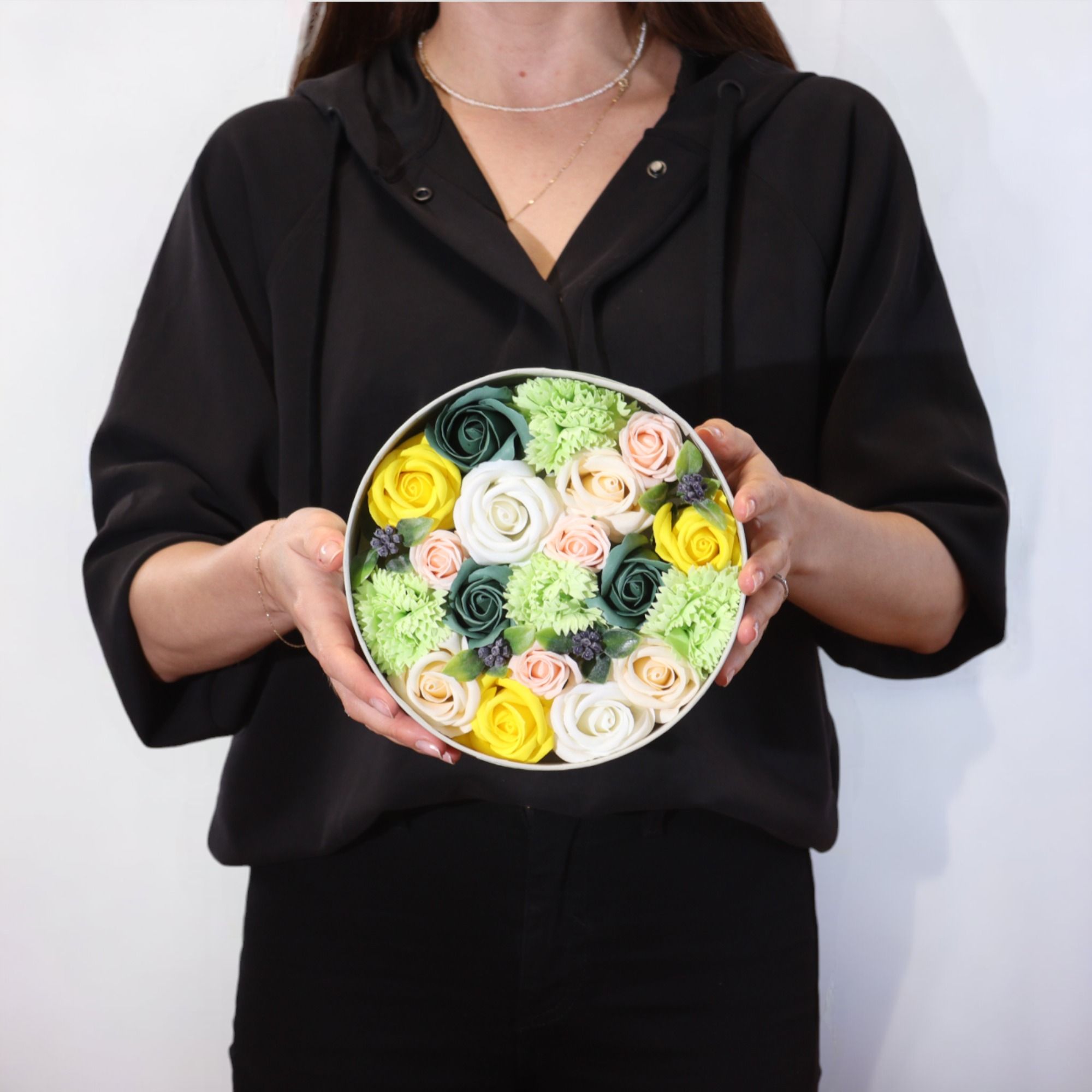 Soap Flower Gift Box (Round Box) - Spring Celibrations - Yellow & Greens