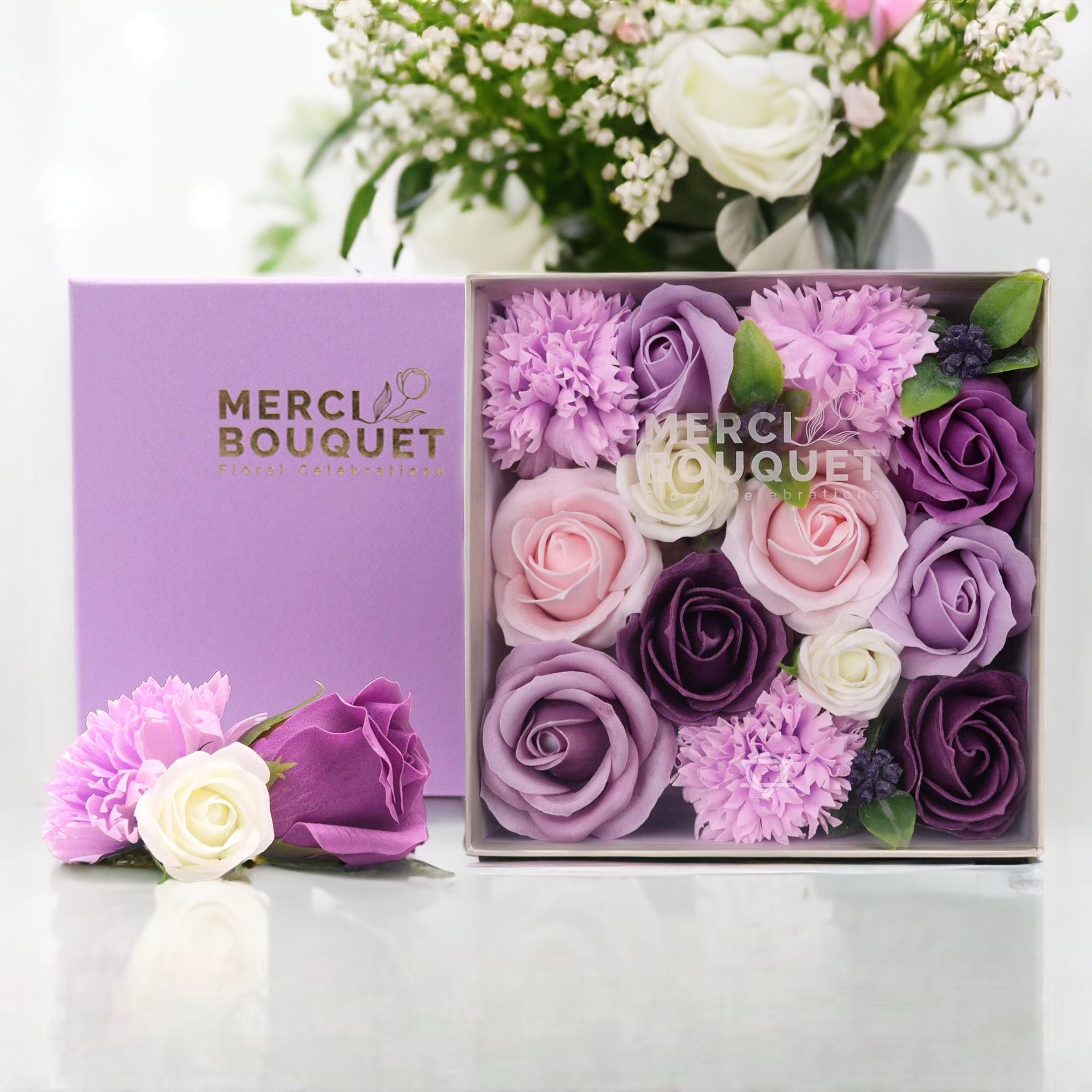 Soap Flower Gift Box (Square Box) - Lavender Rose & Carnation
