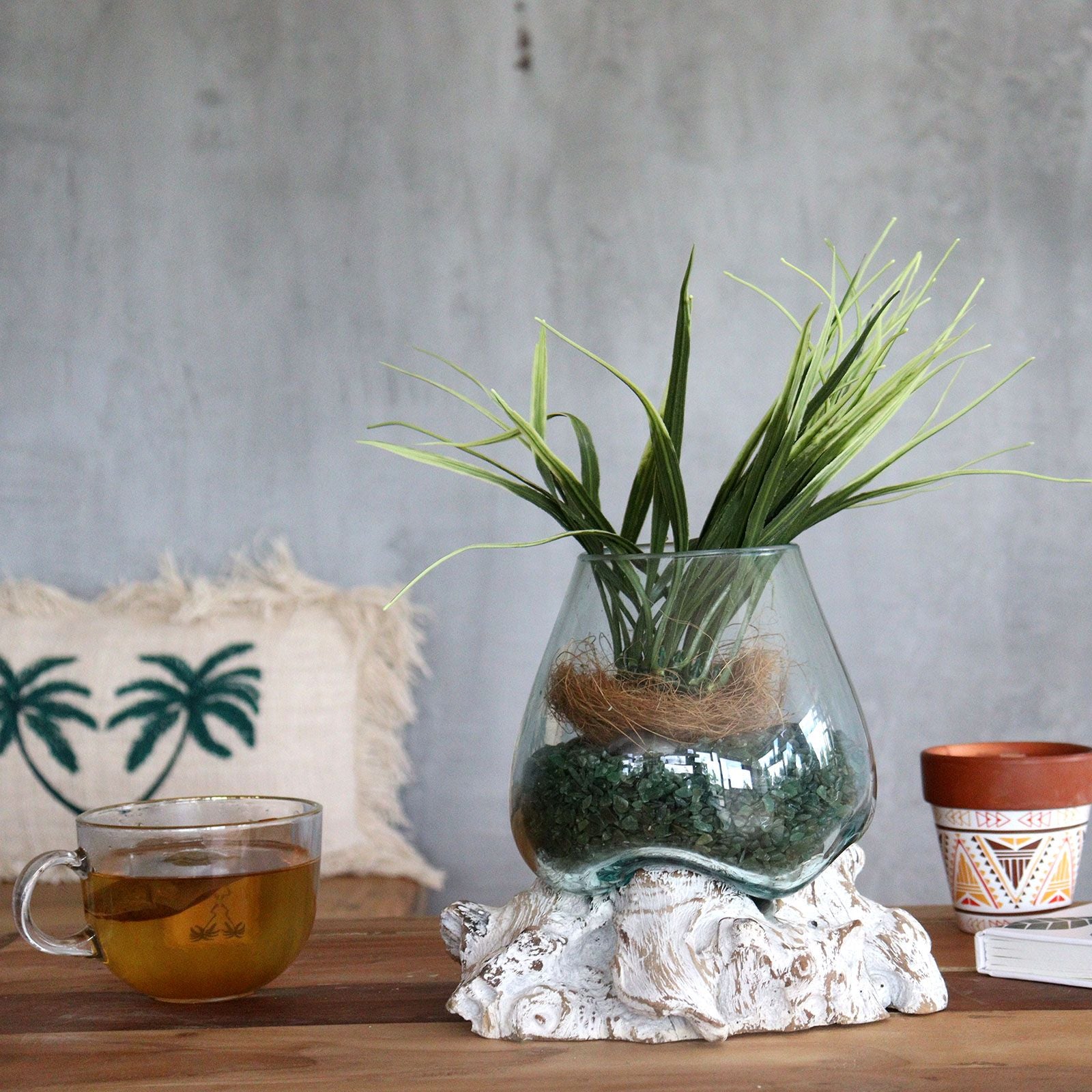Handmade Molten Glass Bowl on Natural Wood – Unique Home Decor UK