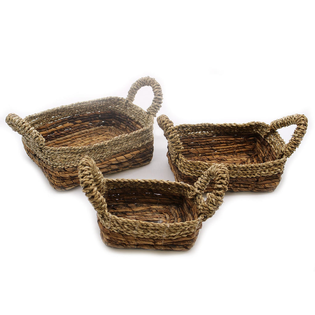 Set of 3 Square Banana Leaf & Seagrass Baskets – Natural Woven Storage Baskets