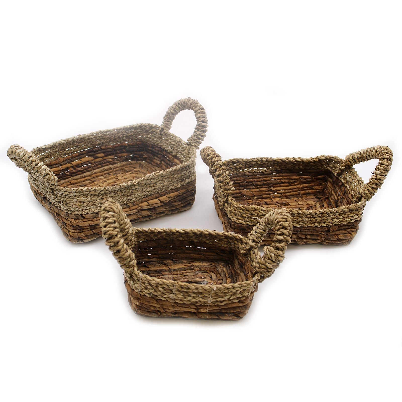 Set of 3 Square Banana Leaf & Seagrass Baskets – Natural Woven Storage Baskets