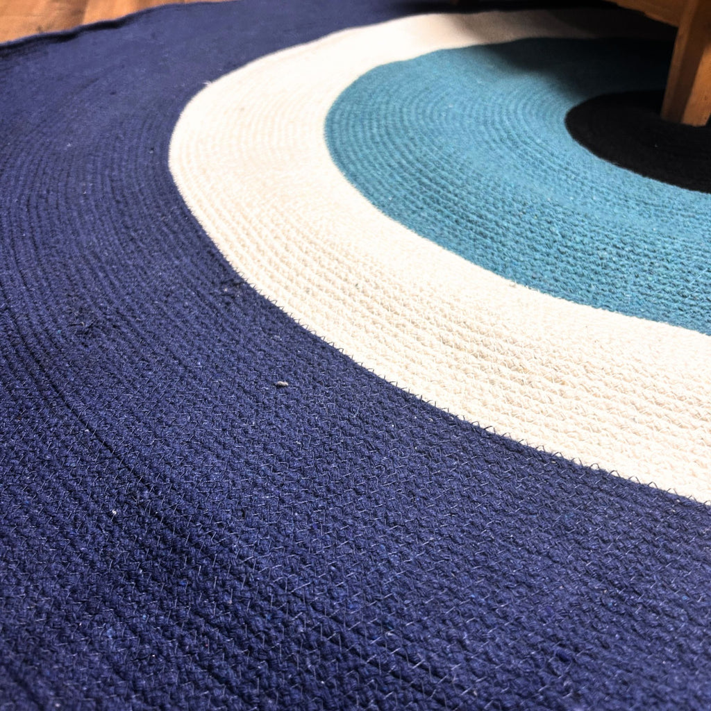 Cotton Rope Evil Eye Rug – Round Woven Boho Floor Mat (150cm, India)