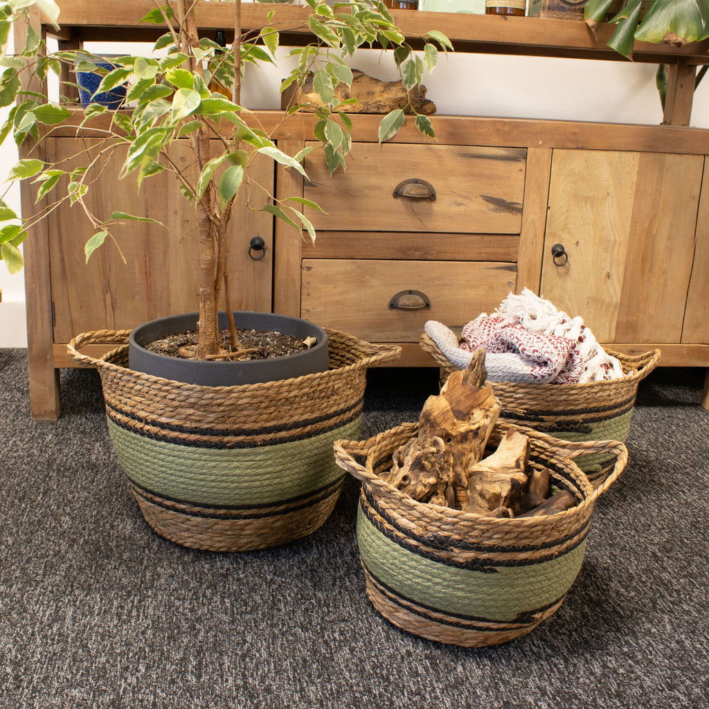 Set of 3 Large Cotton & Seagrass Baskets – Natural, Black & Green – Woven Storage Baskets (26-36cm)