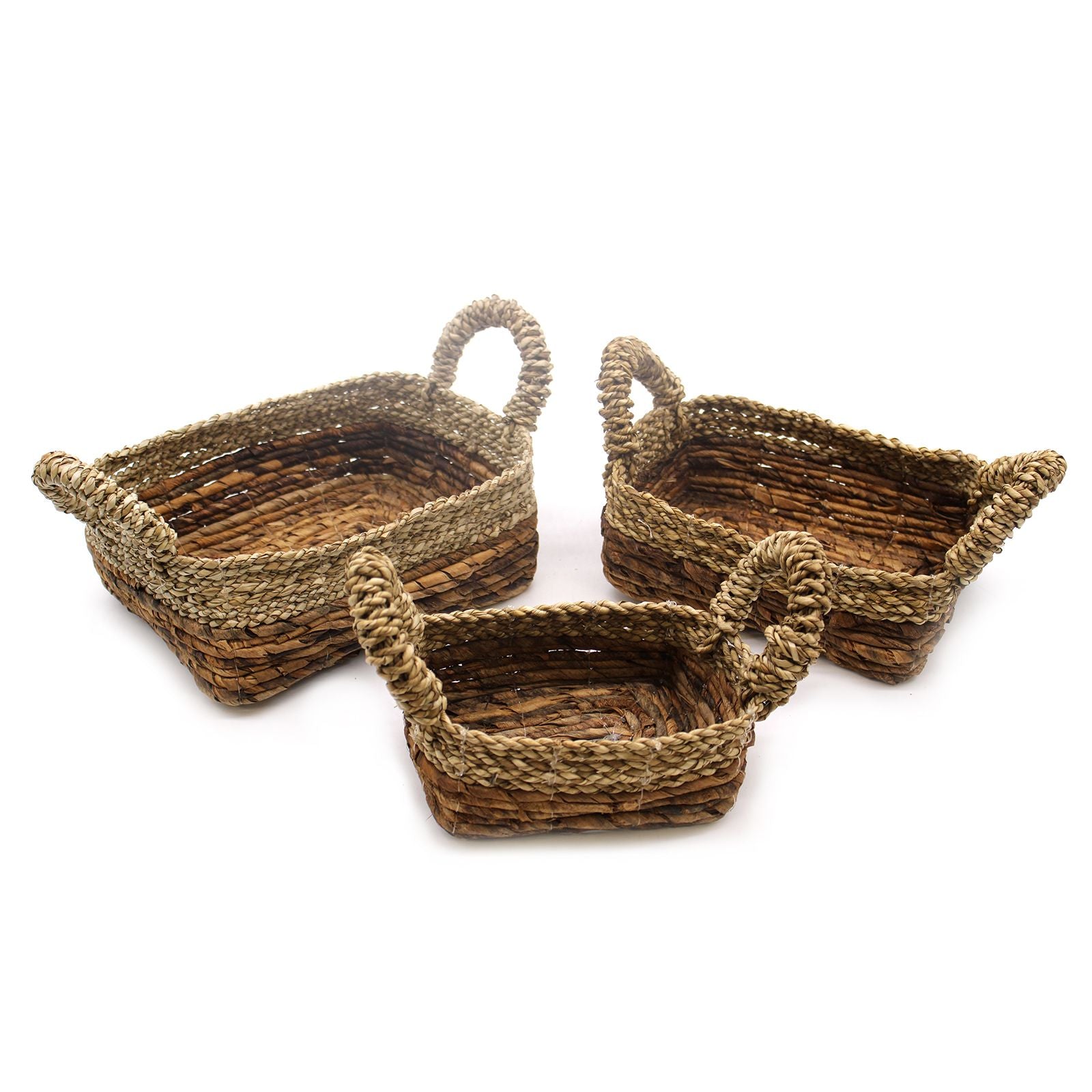 Set of 3 Square Banana Leaf & Seagrass Baskets – Natural Woven Storage Baskets